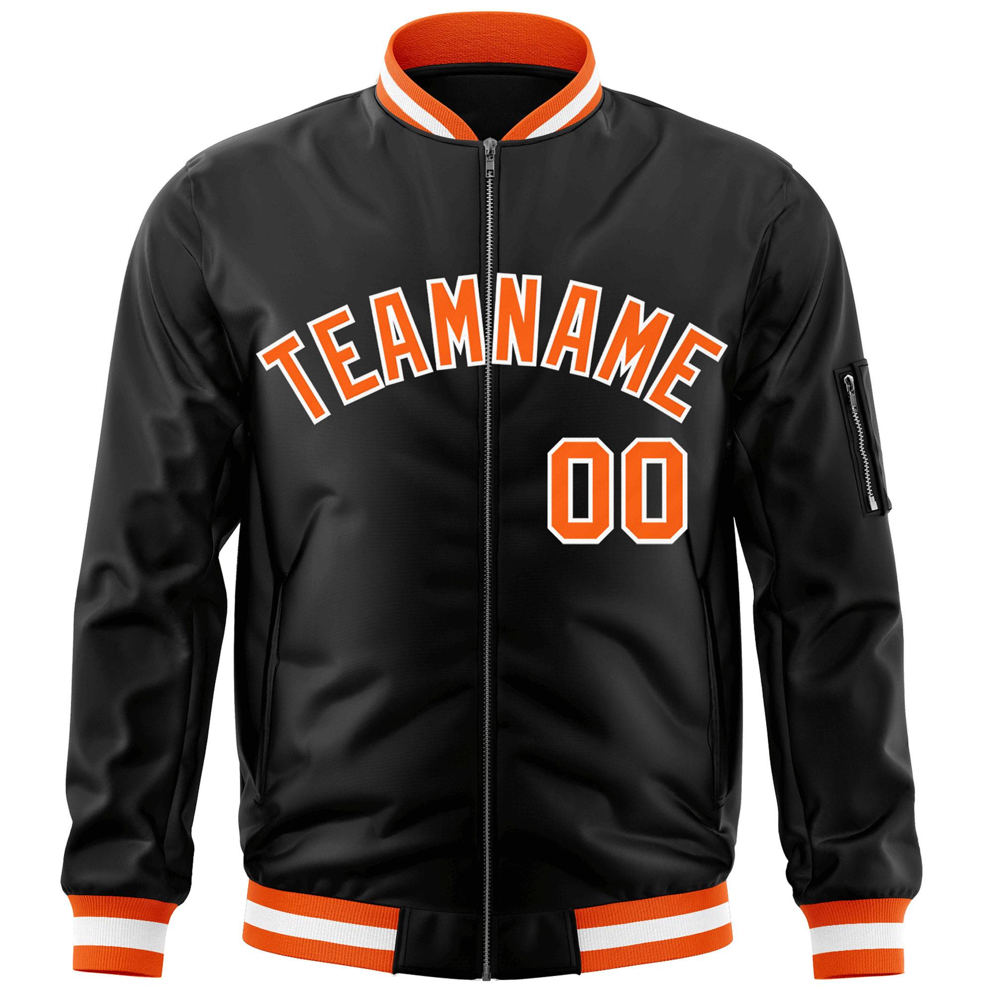 Custom Black Orange-White Varsity Full-Zip Letterman Bomber Jacket