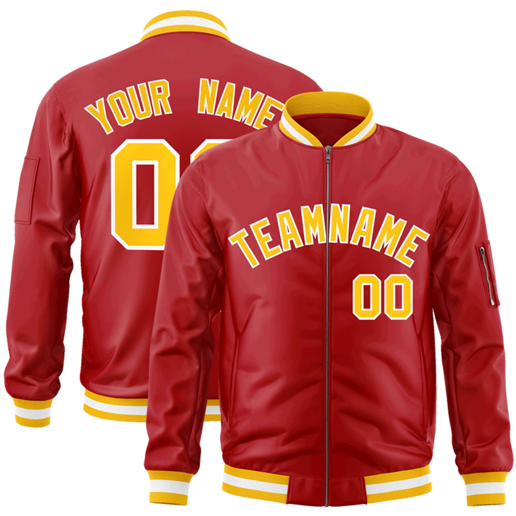 Custom Red Gold-White Varsity Full-Zip Letterman Bomber Jacket