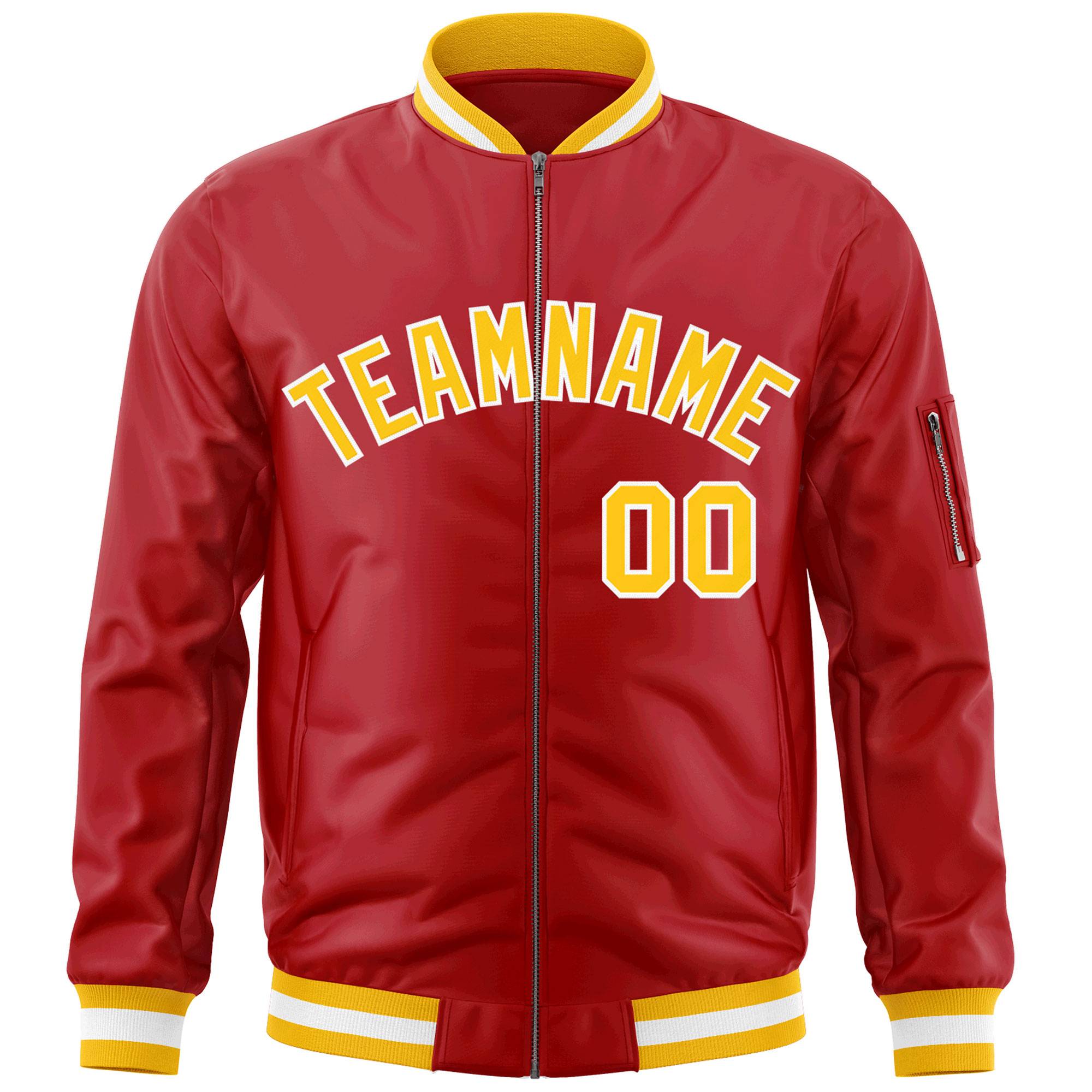 Custom Red Gold-White Varsity Full-Zip Letterman Bomber Jacket