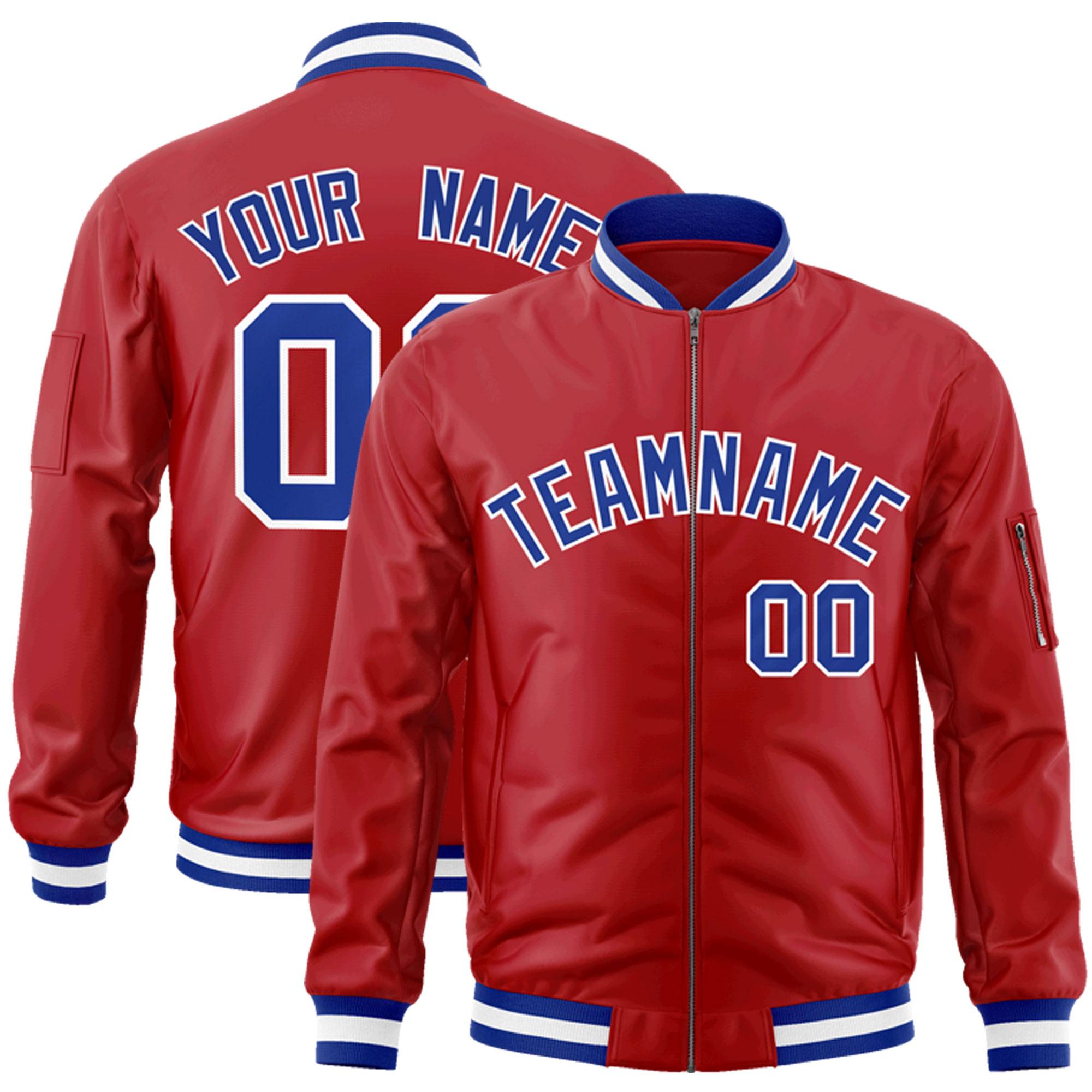 Custom Red Royal-White Varsity Full-Zip Letterman Bomber Jacket