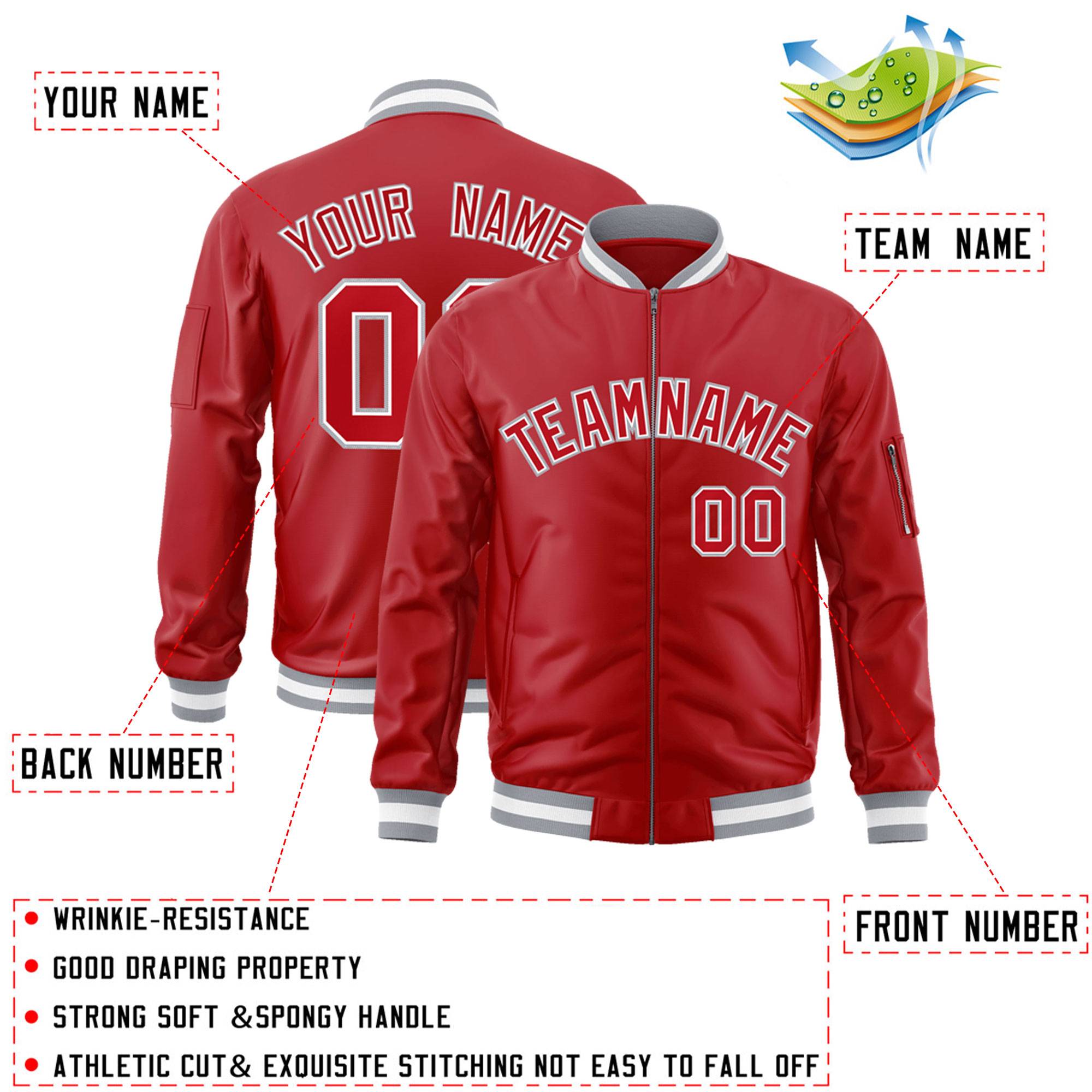 Custom Red White-Gray Varsity Full-Zip Letterman Bomber Jacket