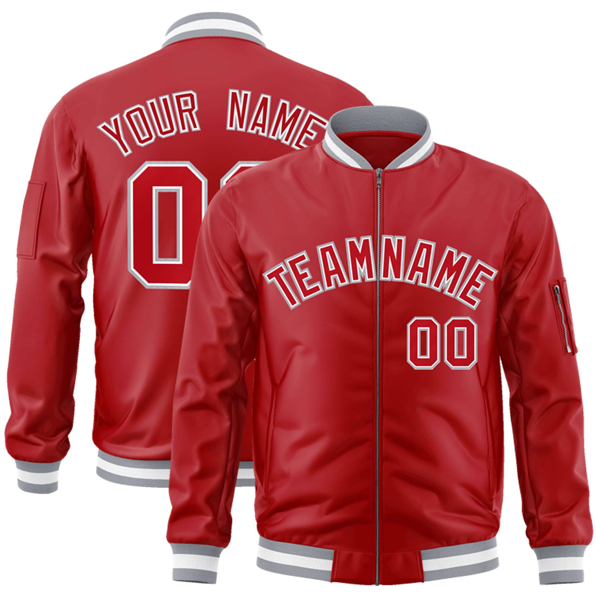 Custom Red White-Gray Varsity Full-Zip Letterman Bomber Jacket