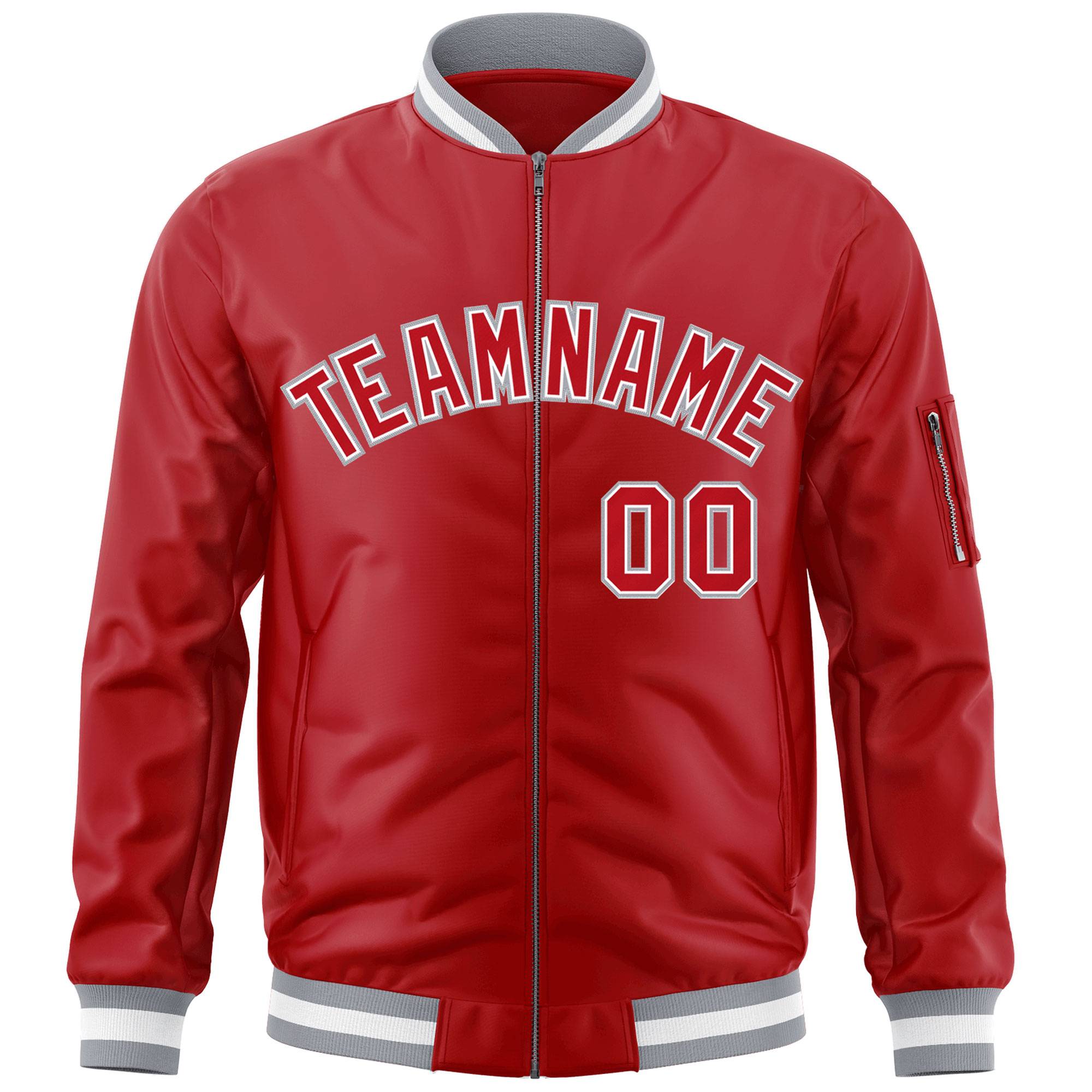 Custom Red White-Gray Varsity Full-Zip Letterman Bomber Jacket