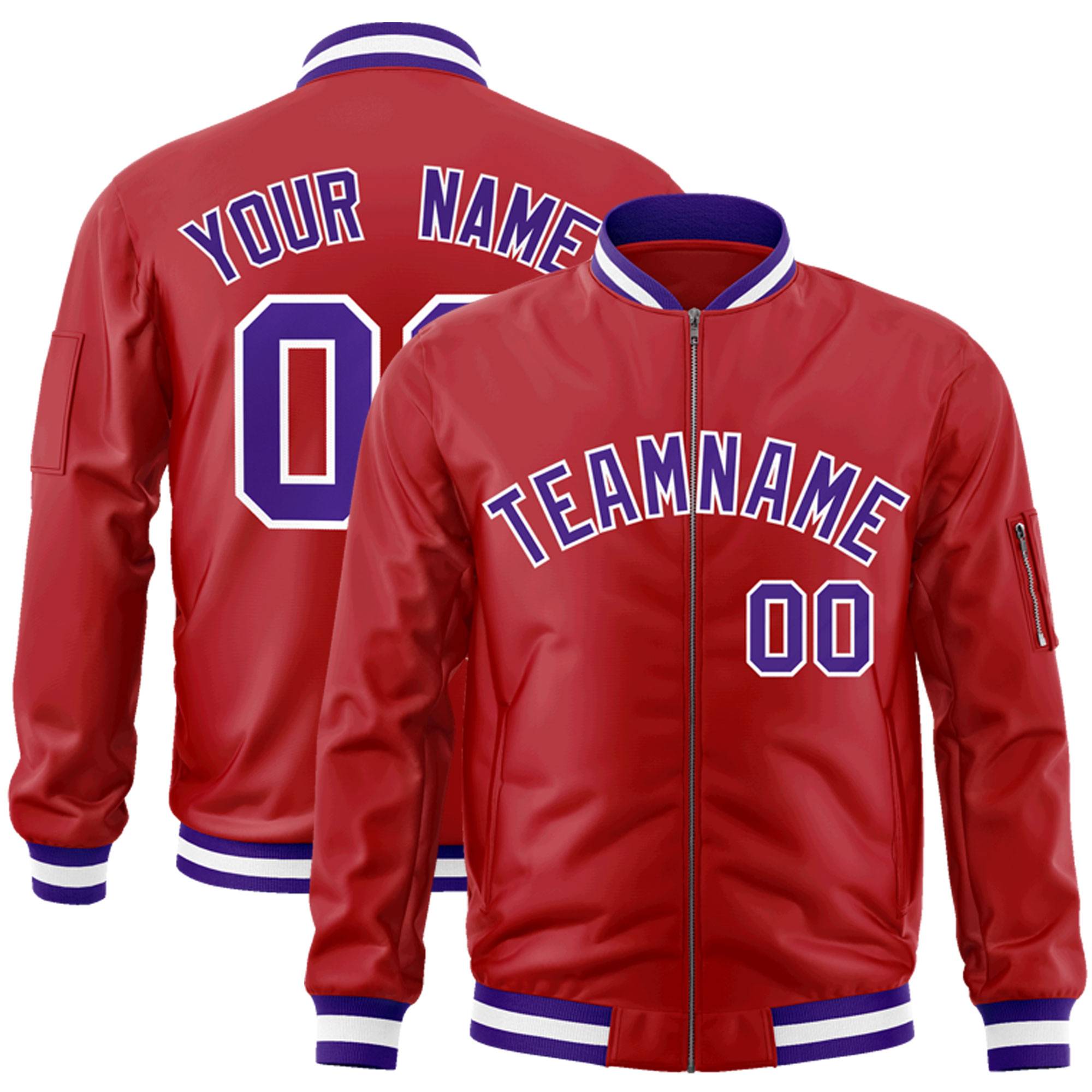 Custom Red Purple-White Varsity Full-Zip Letterman Bomber Jacket