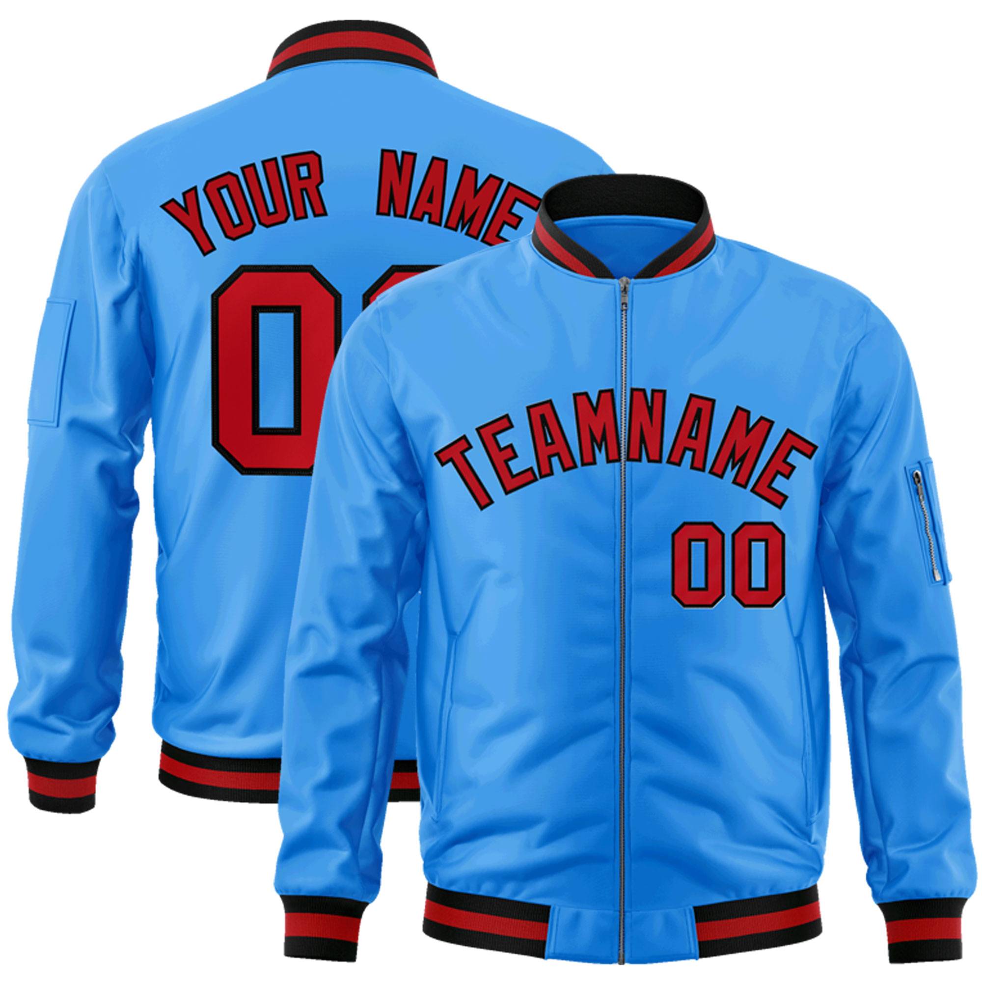 Custom Powder Blue Red-Black Varsity Full-Zip Letterman Bomber Jacket