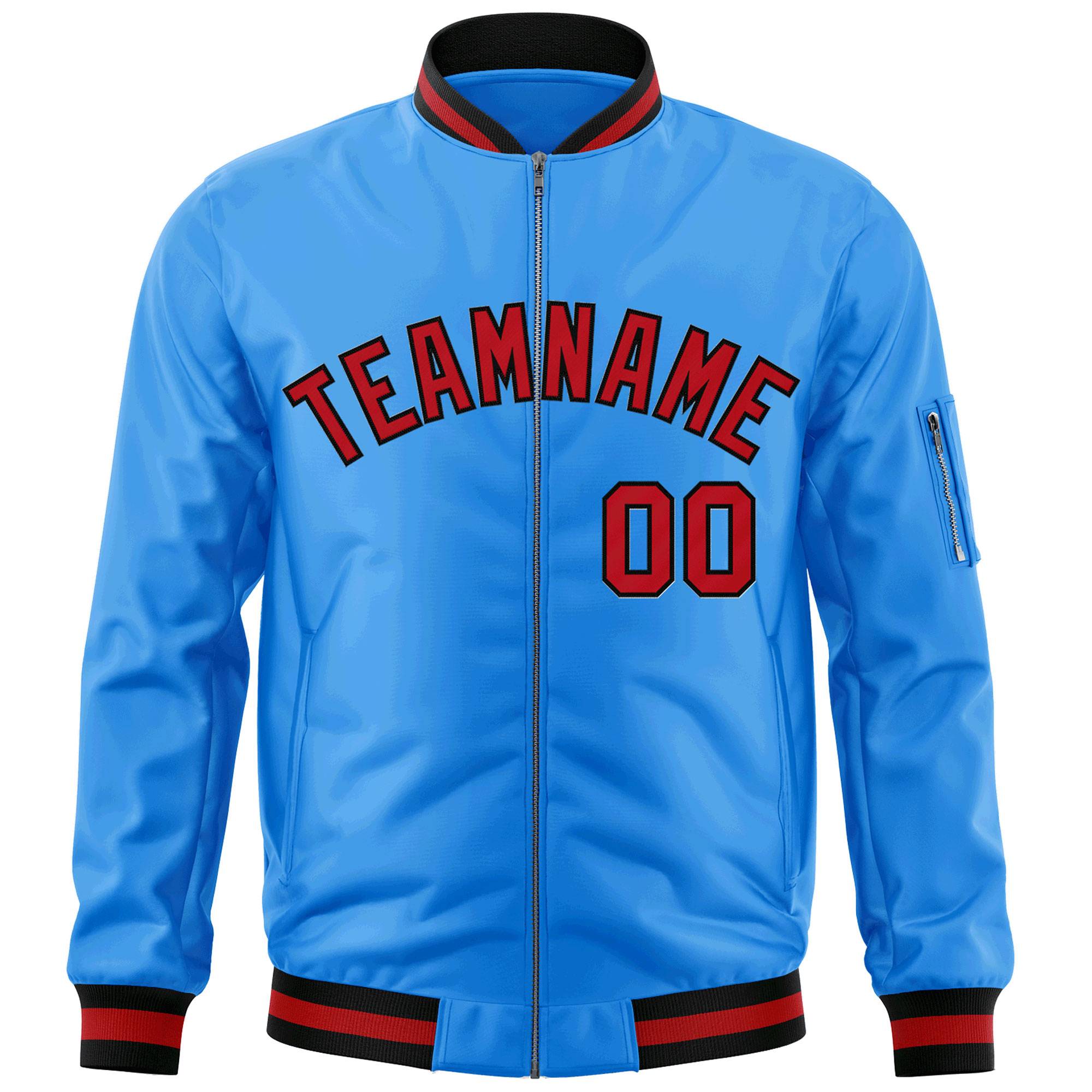 Custom Powder Blue Red-Black Varsity Full-Zip Letterman Bomber Jacket