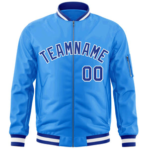 Custom Powder Blue Royal-White Varsity Full-Zip Letterman Bomber Jacket