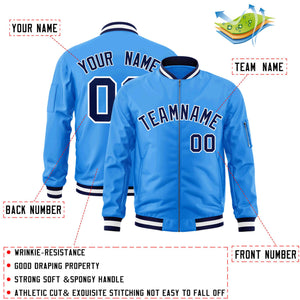 Custom Powder Blue Navy-White Varsity Full-Zip Letterman Bomber Jacket