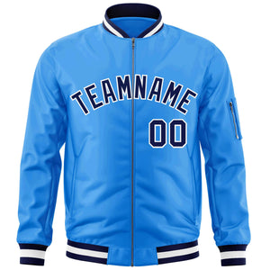 Custom Powder Blue Navy-White Varsity Full-Zip Letterman Bomber Jacket