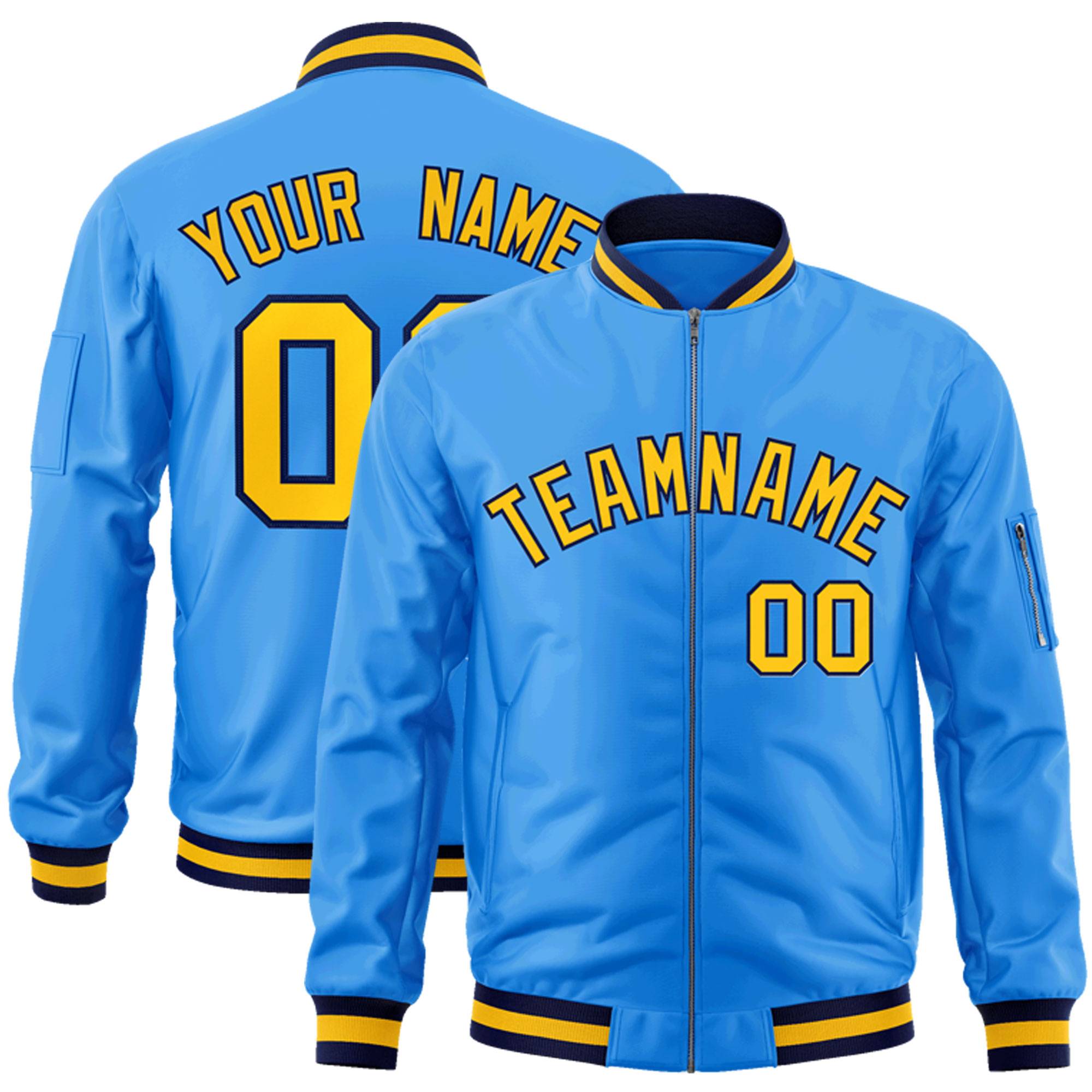 Custom Powder Blue Gold-Navy Varsity Full-Zip Letterman Bomber Jacket