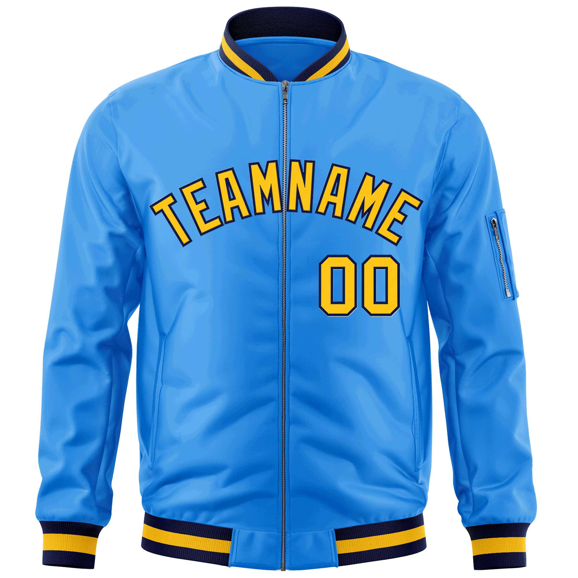 Custom Powder Blue Gold-Navy Varsity Full-Zip Letterman Bomber Jacket