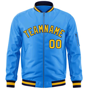 Custom Powder Blue Gold-Navy Varsity Full-Zip Letterman Bomber Jacket