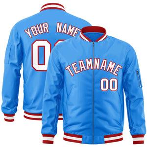 Custom Powder Blue White-Red Varsity Full-Zip Letterman Bomber Jacket