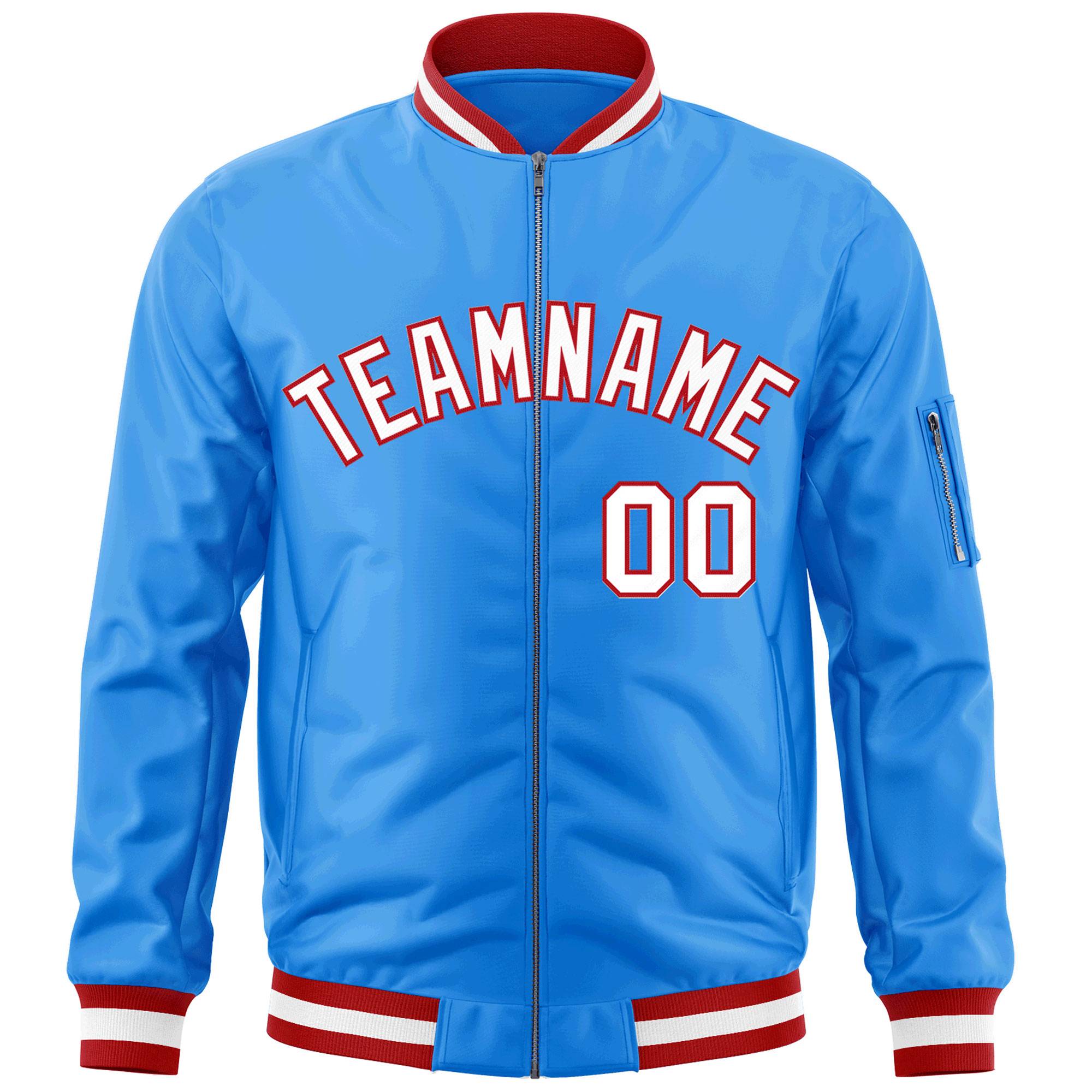 Custom Powder Blue White-Red Varsity Full-Zip Letterman Bomber Jacket