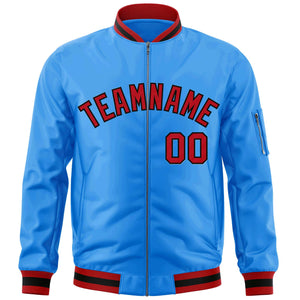 Custom Powder Blue Red-Black Varsity Full-Zip Letterman Bomber Jacket