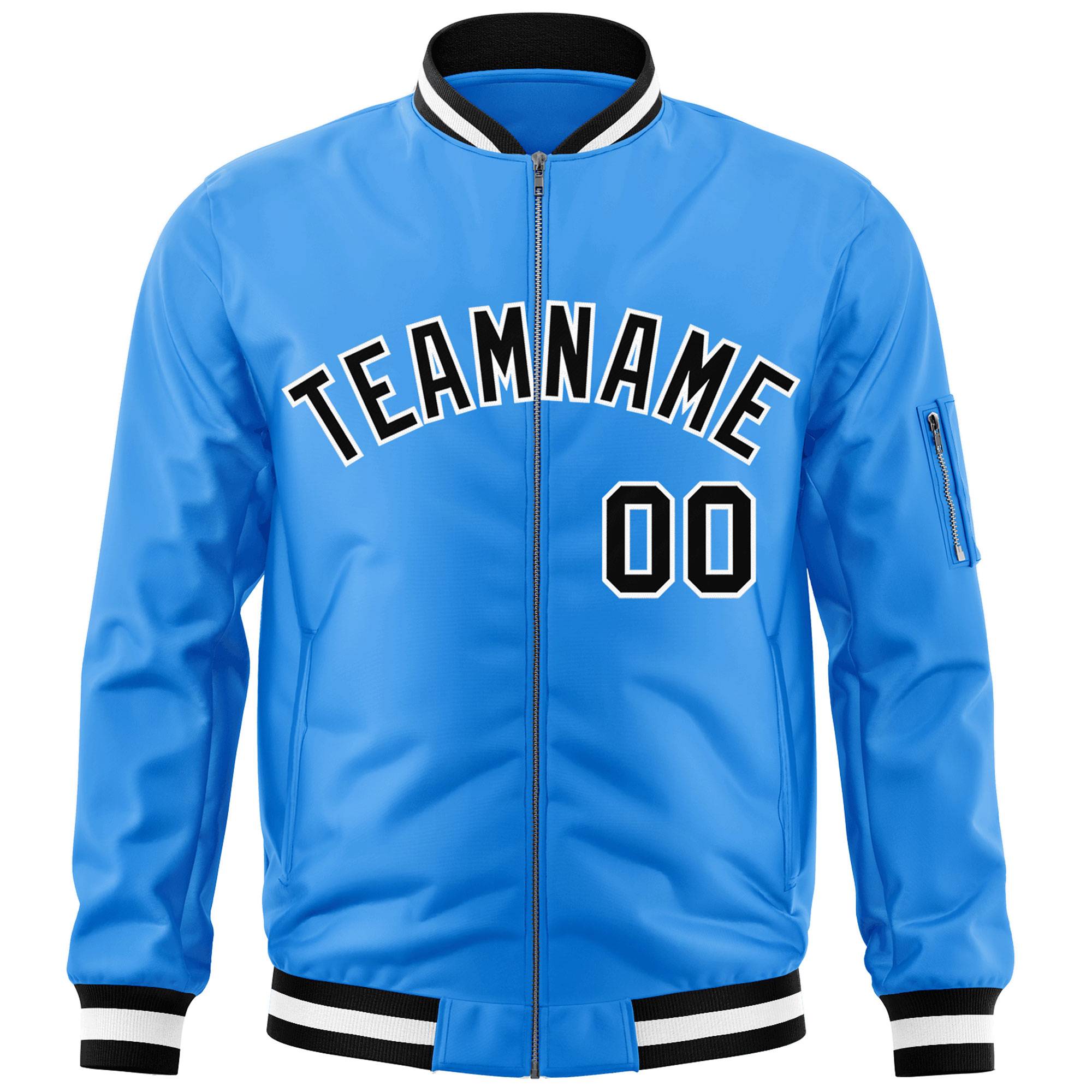 Custom Powder Blue Black-White Varsity Full-Zip Letterman Bomber Jacket