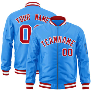 Custom Powder Blue Red-White Varsity Full-Zip Letterman Bomber Jacket