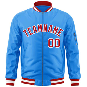 Custom Powder Blue Red-White Varsity Full-Zip Letterman Bomber Jacket