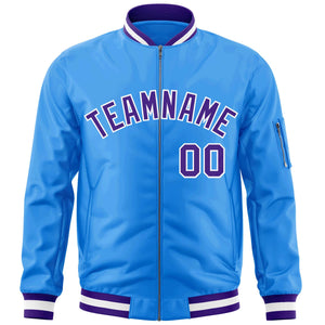 Custom Powder Blue Purple-White Varsity Full-Zip Letterman Bomber Jacket