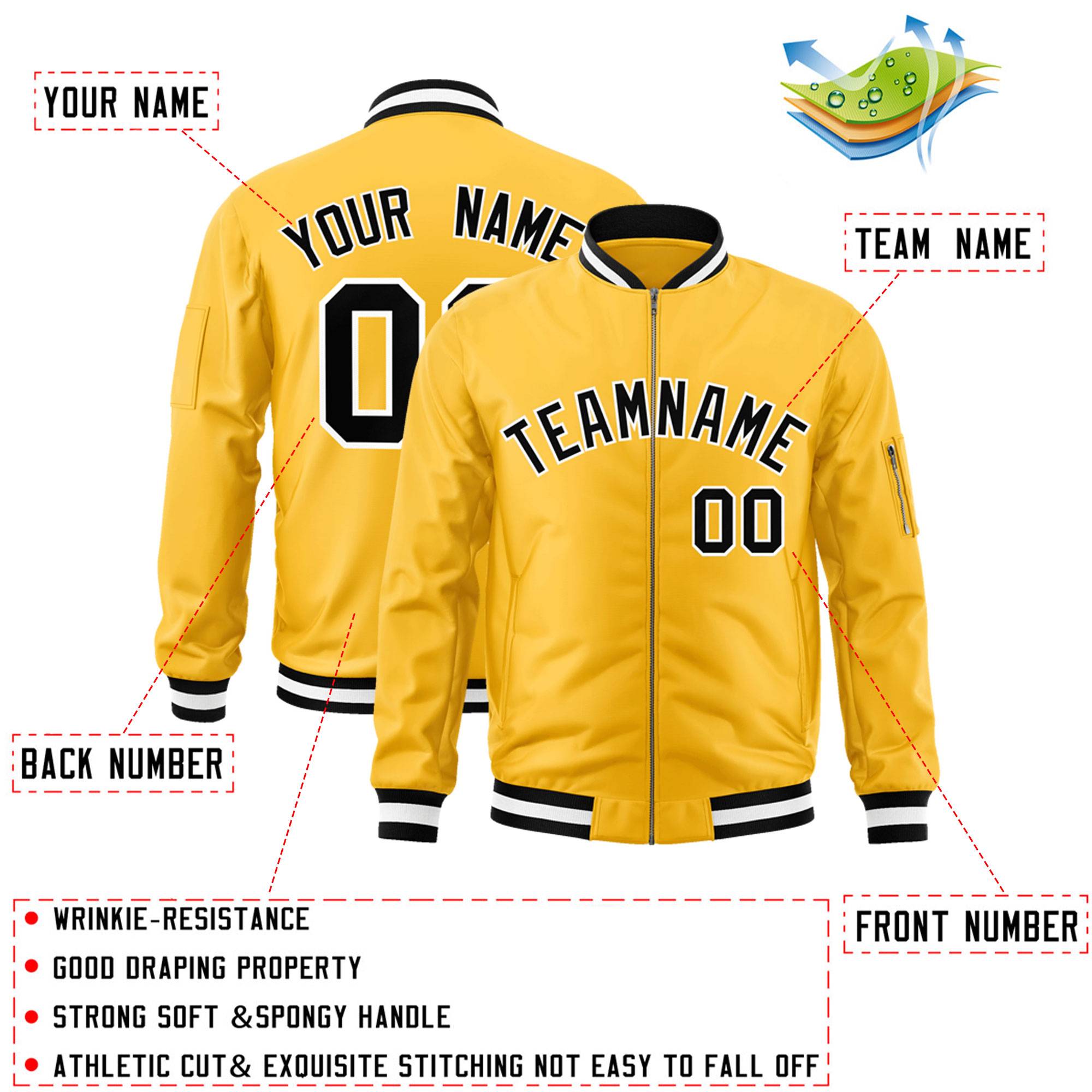 Custom Gold Black-White Varsity Full-Zip Letterman Bomber Jacket