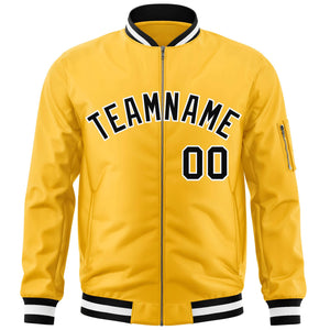 Custom Gold Black-White Varsity Full-Zip Letterman Bomber Jacket