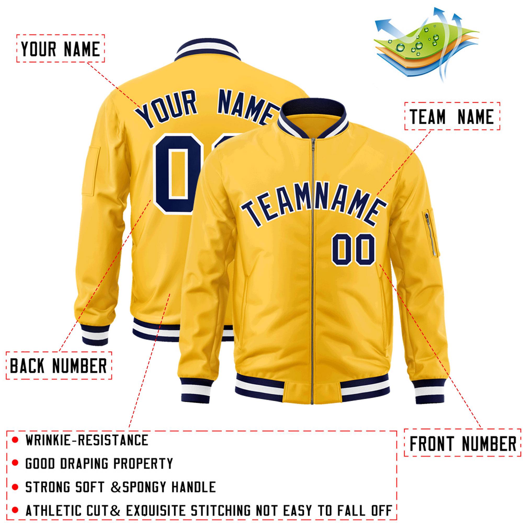 Custom Gold Navy-White Varsity Full-Zip Letterman Bomber Jacket