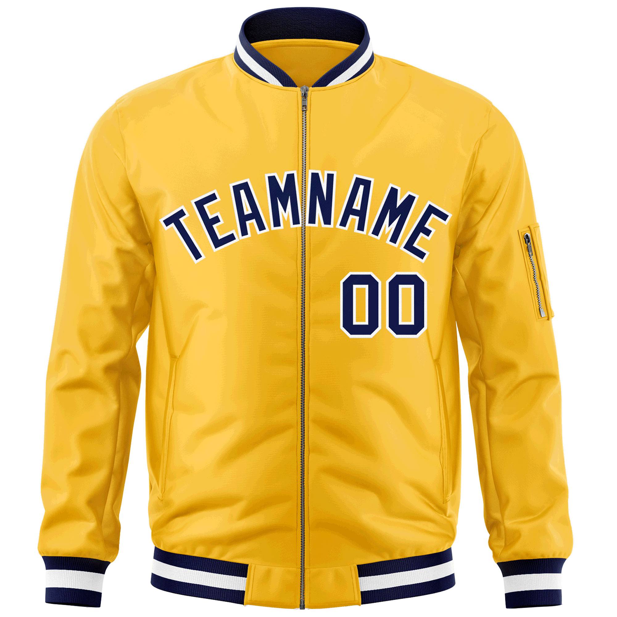 Custom Gold Navy-White Varsity Full-Zip Letterman Bomber Jacket