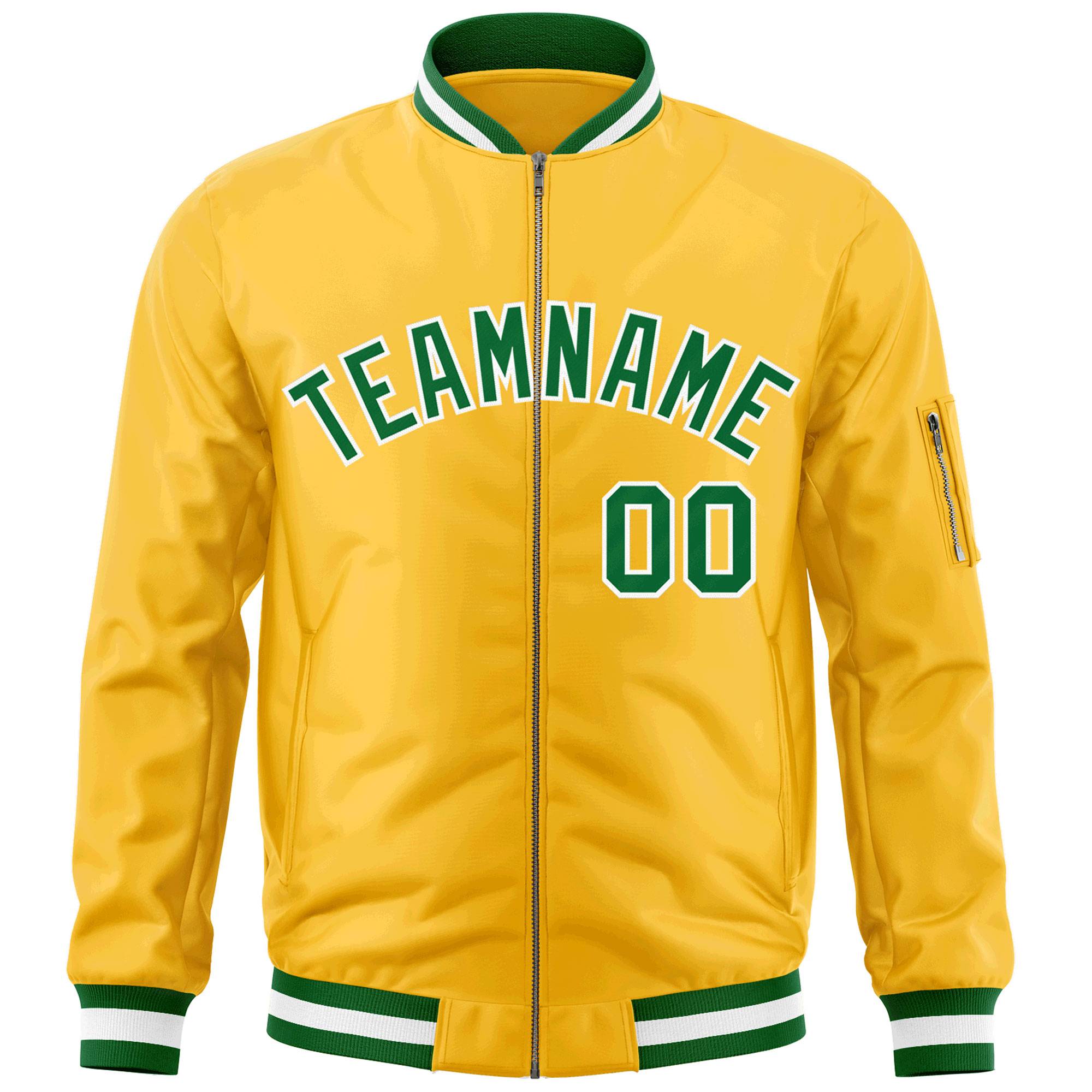 Custom Gold Kelly Green-White Varsity Full-Zip Letterman Bomber Jacket