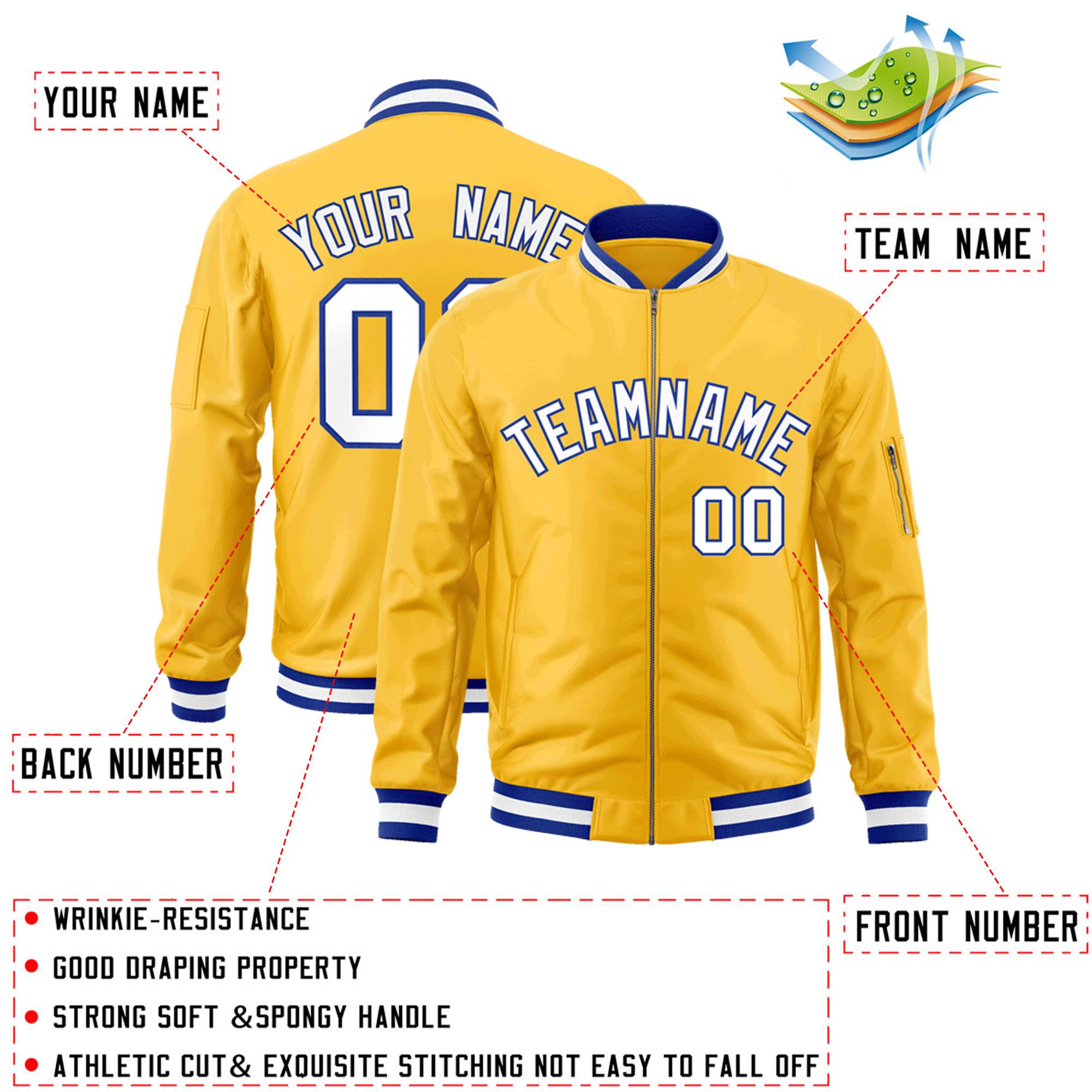 Custom Gold White-Royal Varsity Full-Zip Letterman Bomber Jacket