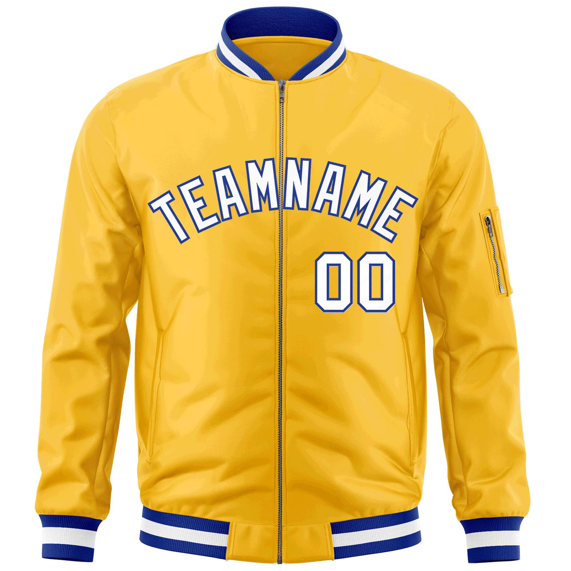 Custom Gold White-Royal Varsity Full-Zip Letterman Bomber Jacket