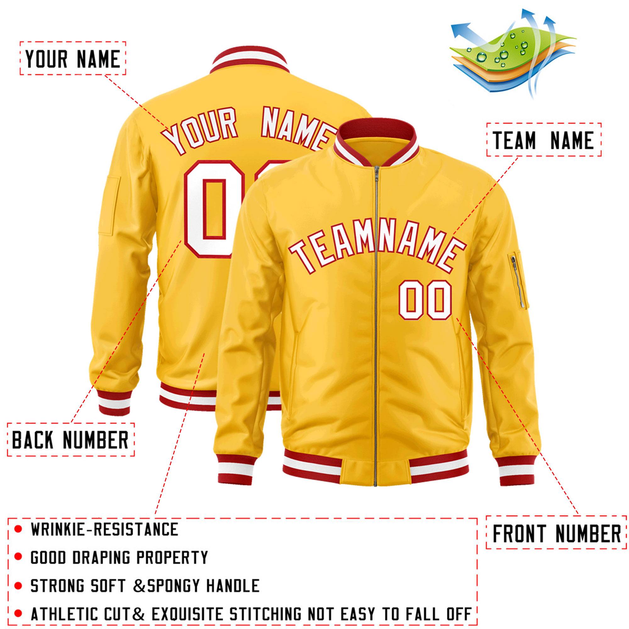 Custom Gold White-Red Varsity Full-Zip Letterman Bomber Jacket