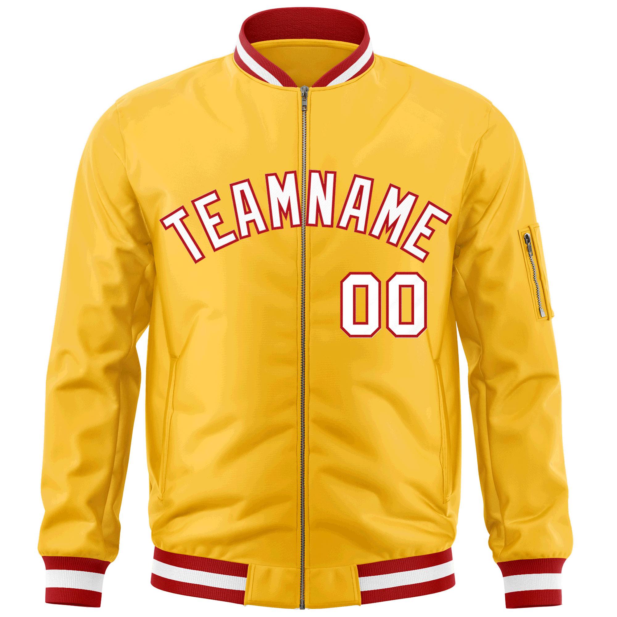 Custom Gold White-Red Varsity Full-Zip Letterman Bomber Jacket