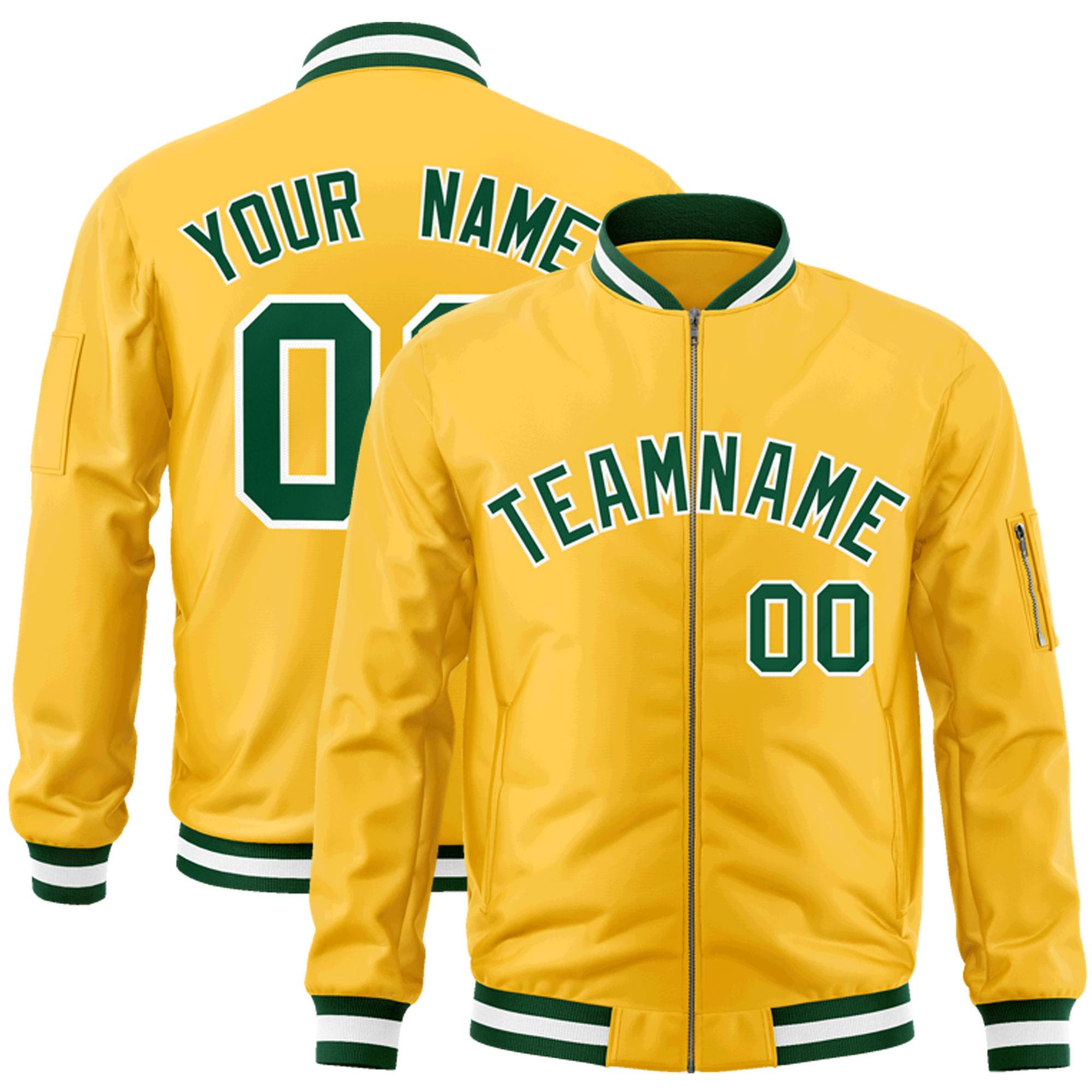 Custom Gold Green-White Varsity Full-Zip Letterman Bomber Jacket