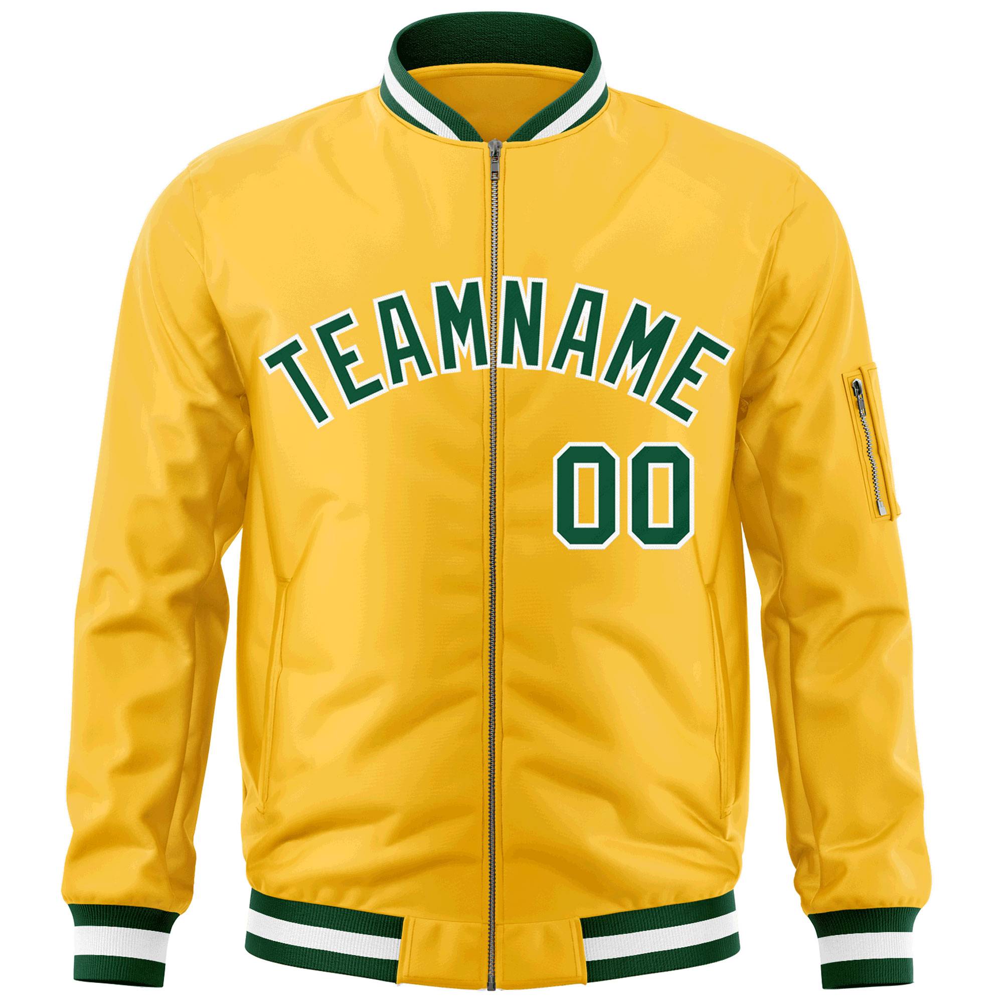 Custom Gold Green-White Varsity Full-Zip Letterman Bomber Jacket