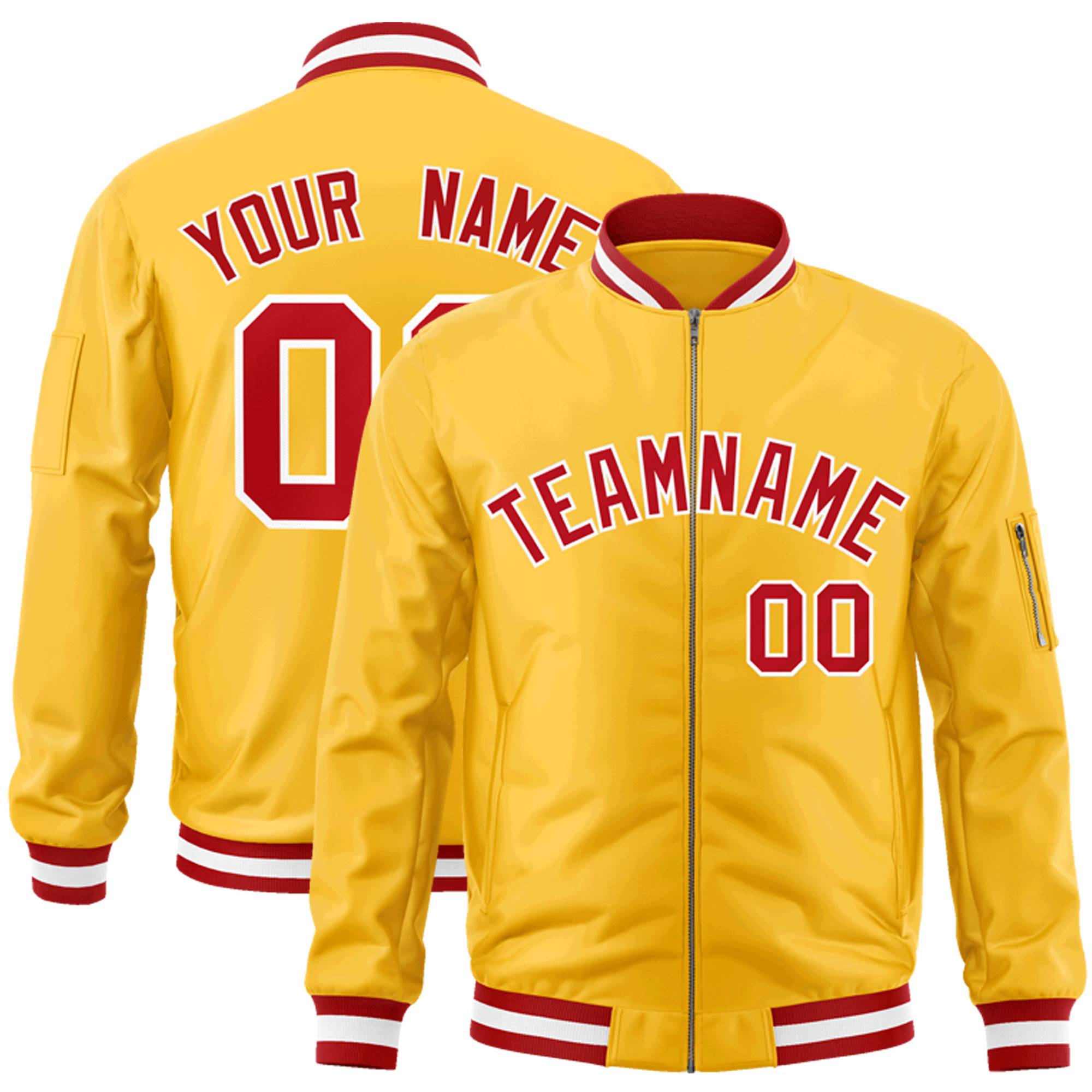 Custom Gold Red-White Varsity Full-Zip Letterman Bomber Jacket