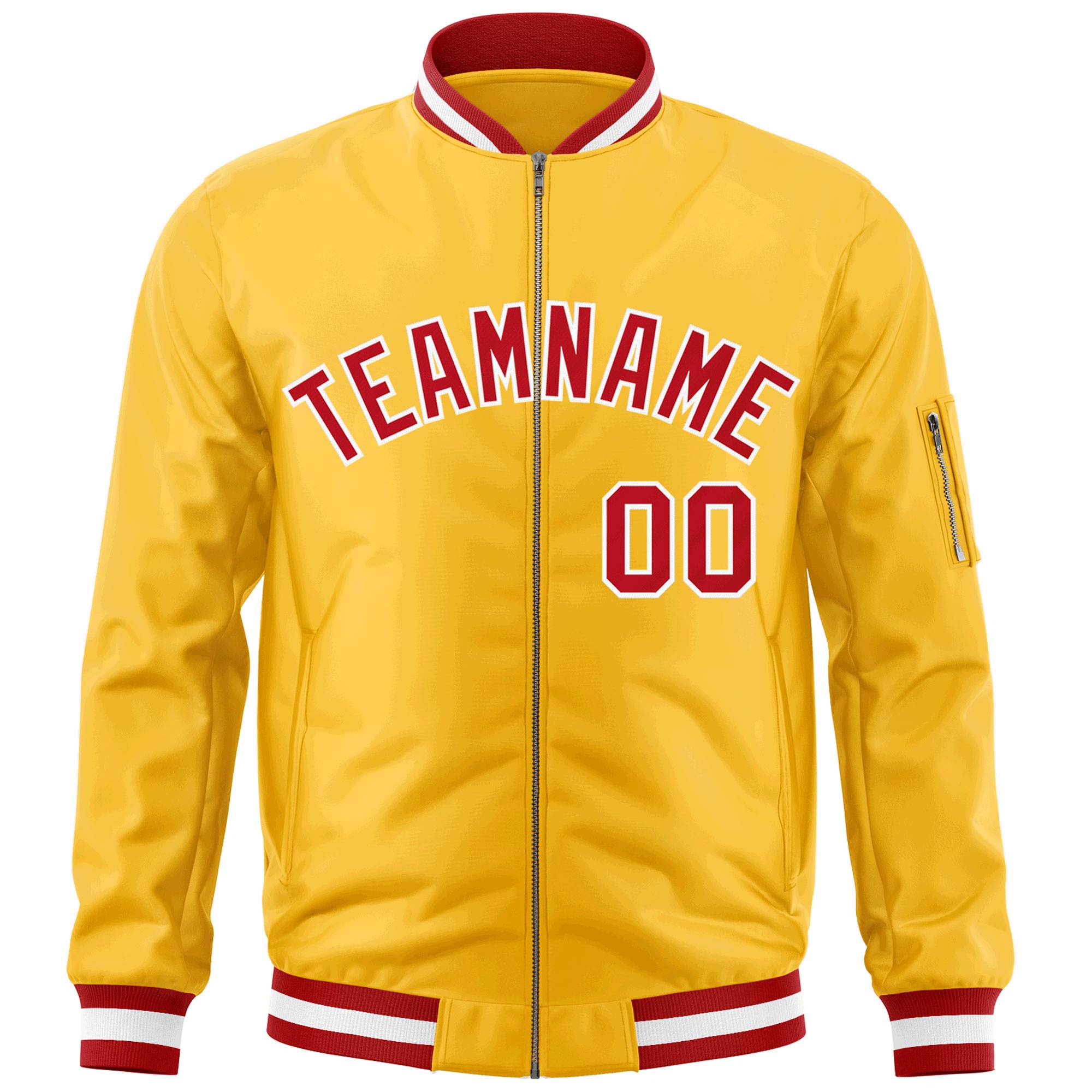 Custom Gold Red-White Varsity Full-Zip Letterman Bomber Jacket