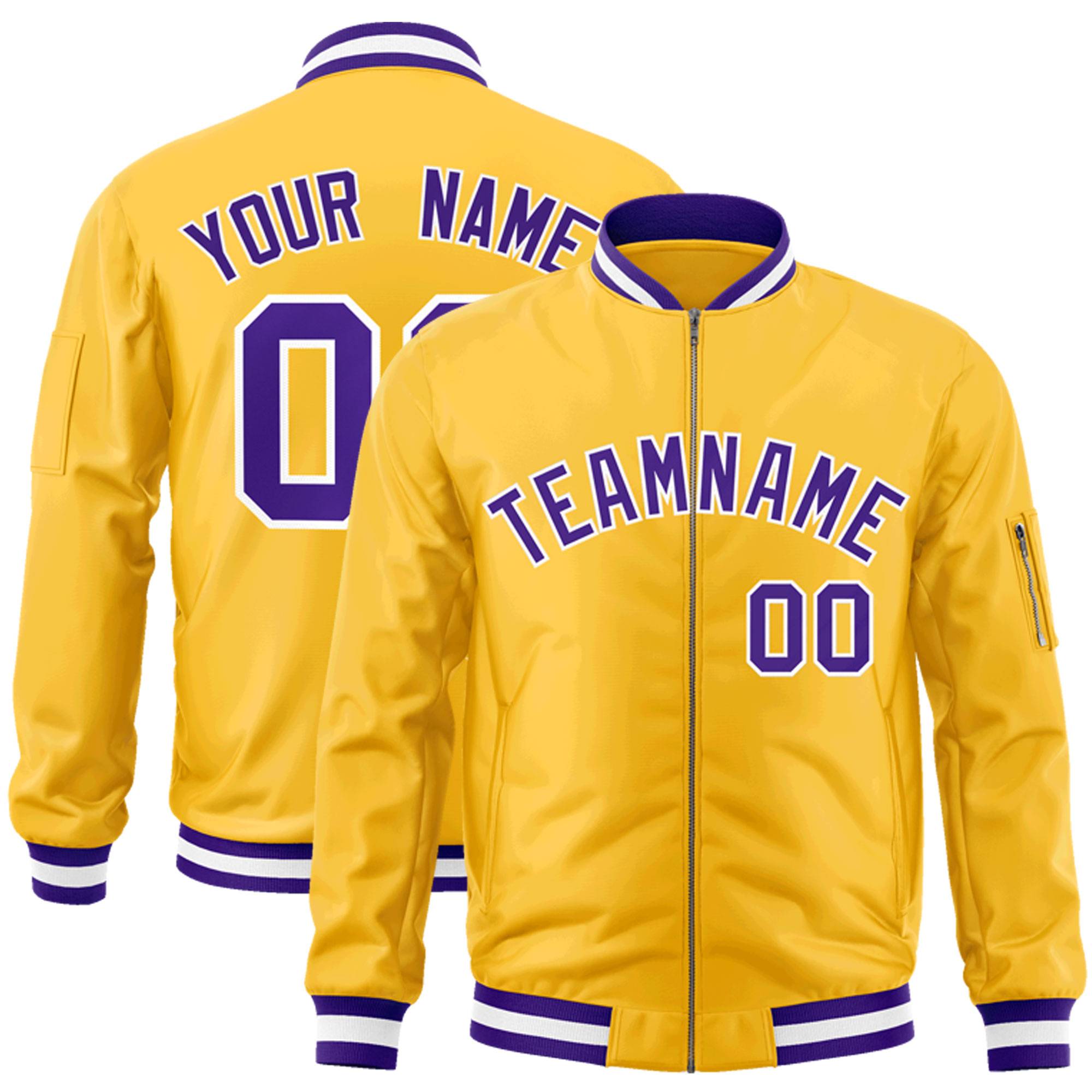 Custom Gold Purple-White Varsity Full-Zip Letterman Bomber Jacket