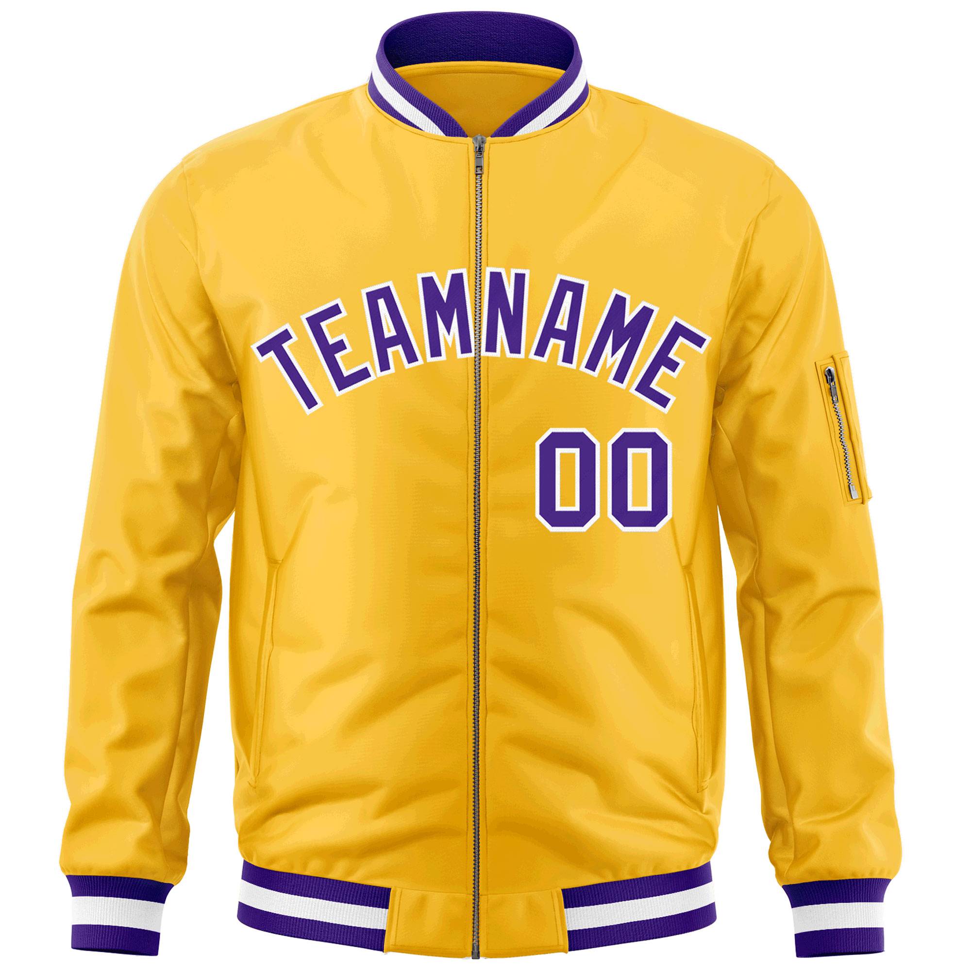 Custom Gold Purple-White Varsity Full-Zip Letterman Bomber Jacket