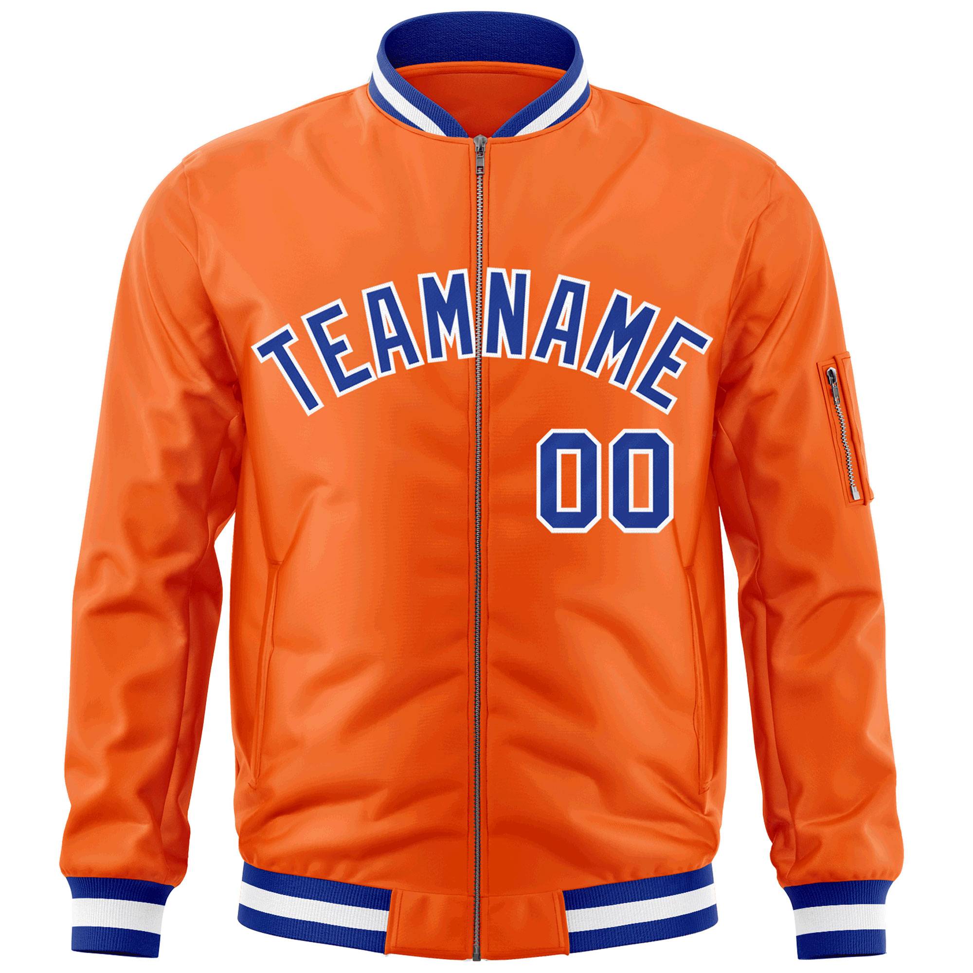 Custom Orange Royal-White Varsity Full-Zip Letterman Bomber Jacket