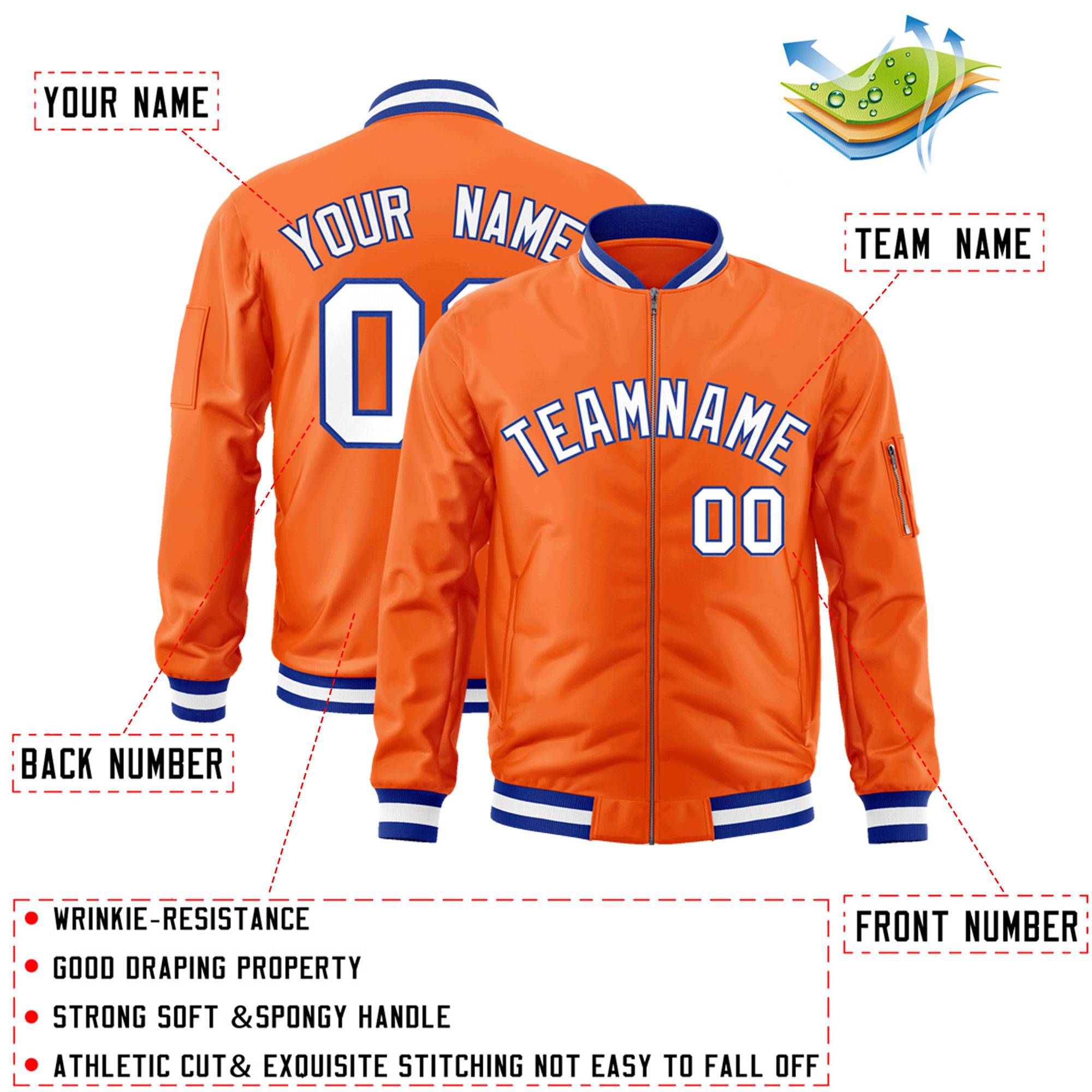 Custom Orange White-Royal Varsity Full-Zip Letterman Bomber Jacket