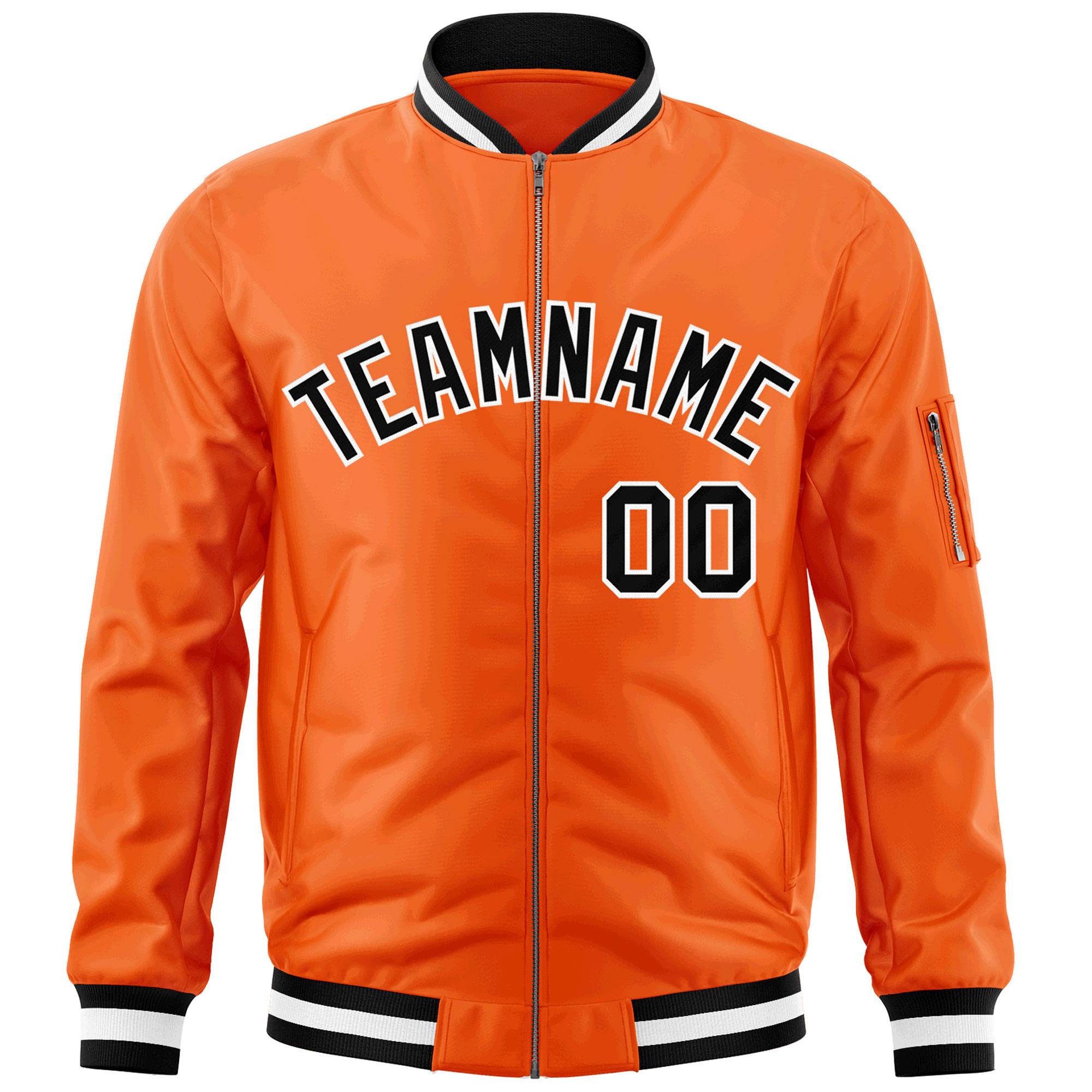 Custom Orange Black-White Varsity Full-Zip Letterman Bomber Jacket