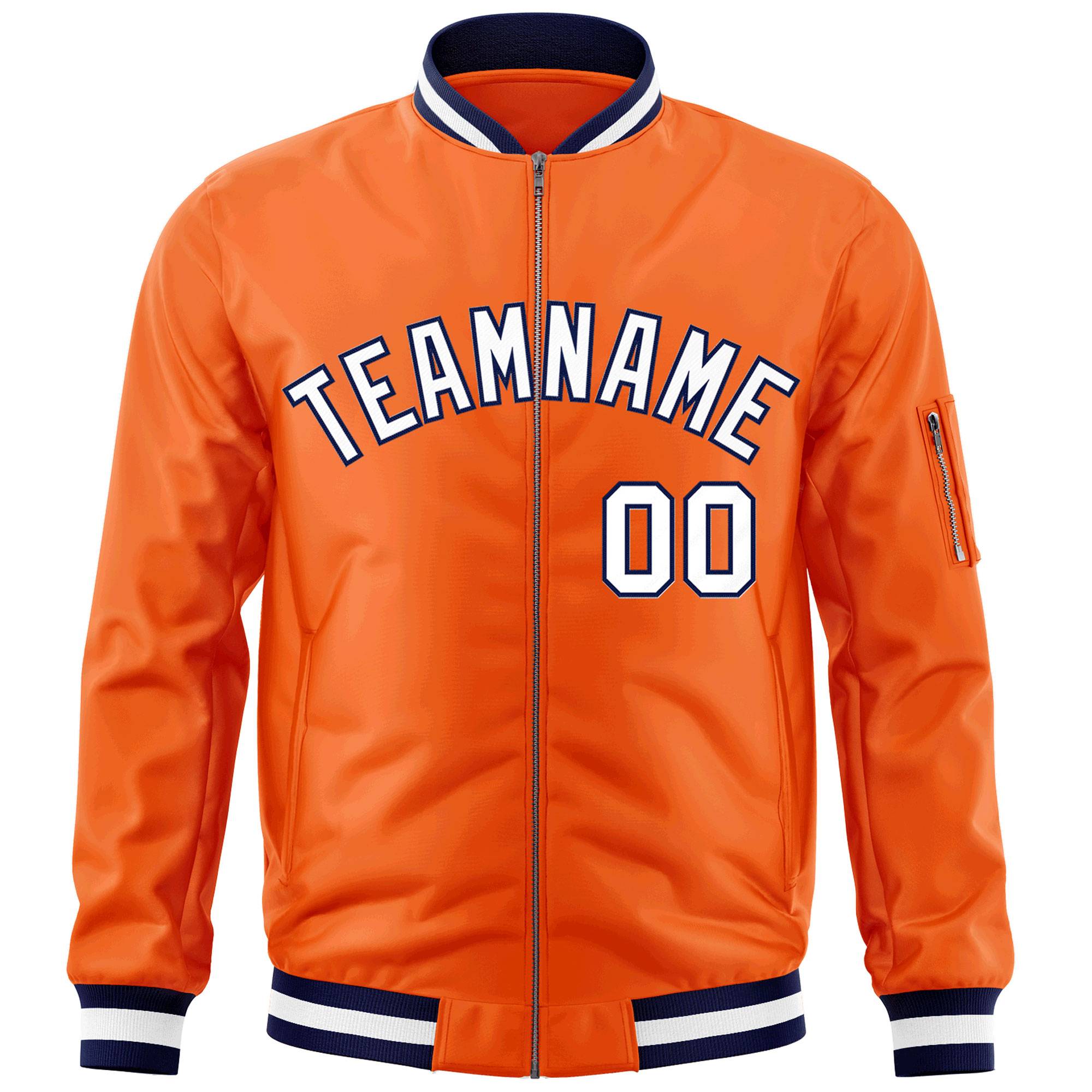 Custom Orange White-Navy Varsity Full-Zip Letterman Bomber Jacket