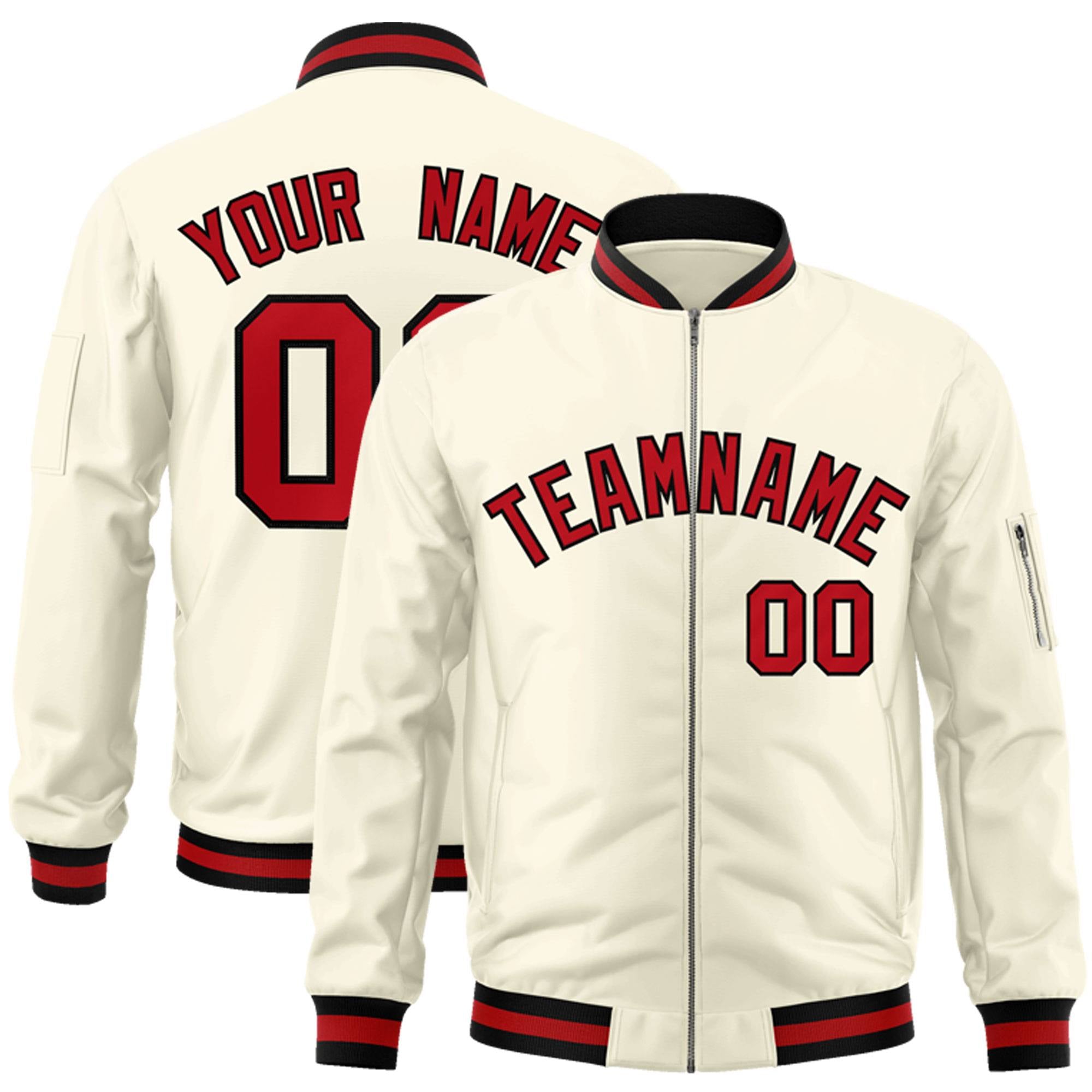 Custom Cream Red-Black Varsity Full-Zip Letterman Bomber Jacket