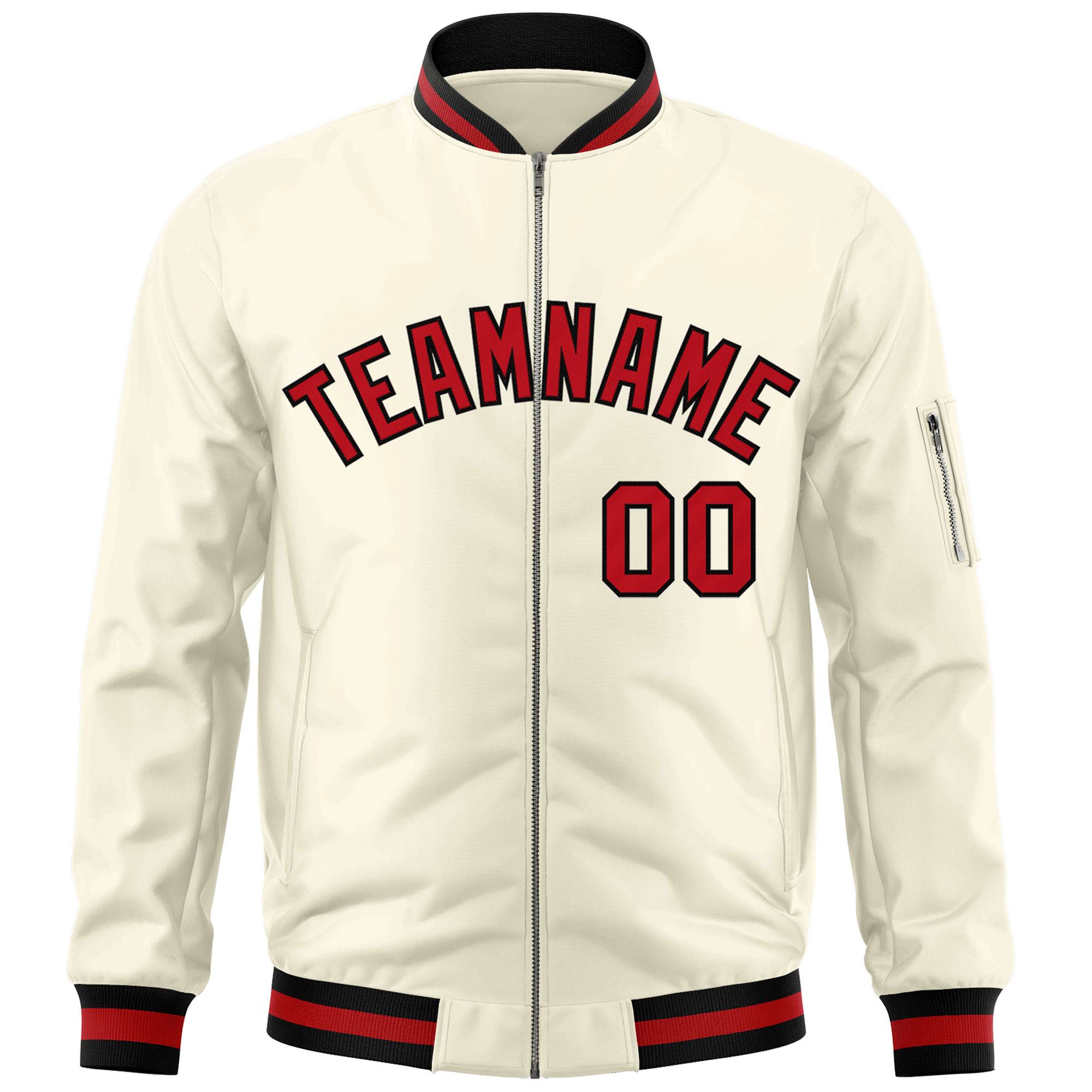 Custom Cream Red-Black Varsity Full-Zip Letterman Bomber Jacket