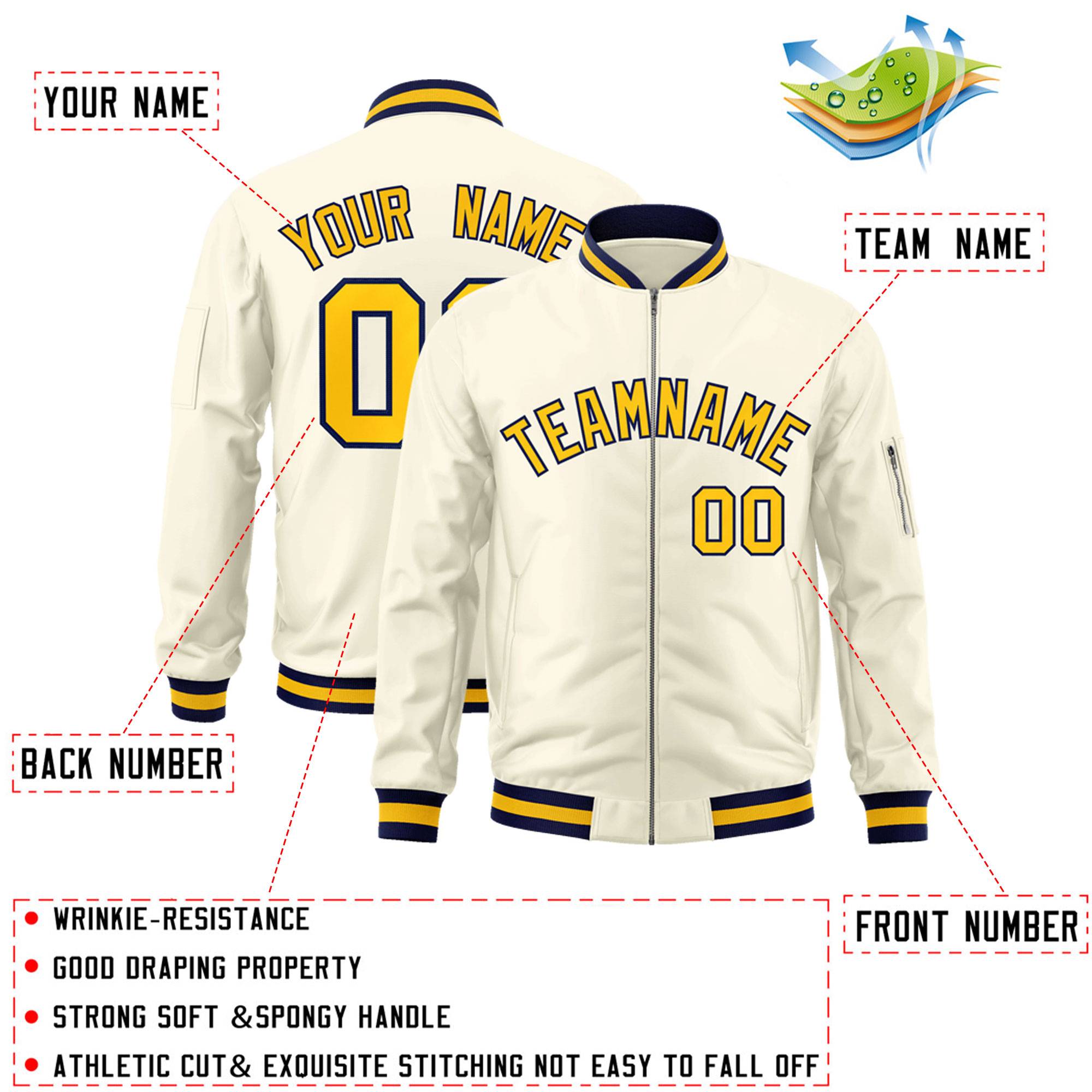 Custom Cream Yellow-Navy Varsity Full-Zip Letterman Bomber Jacket