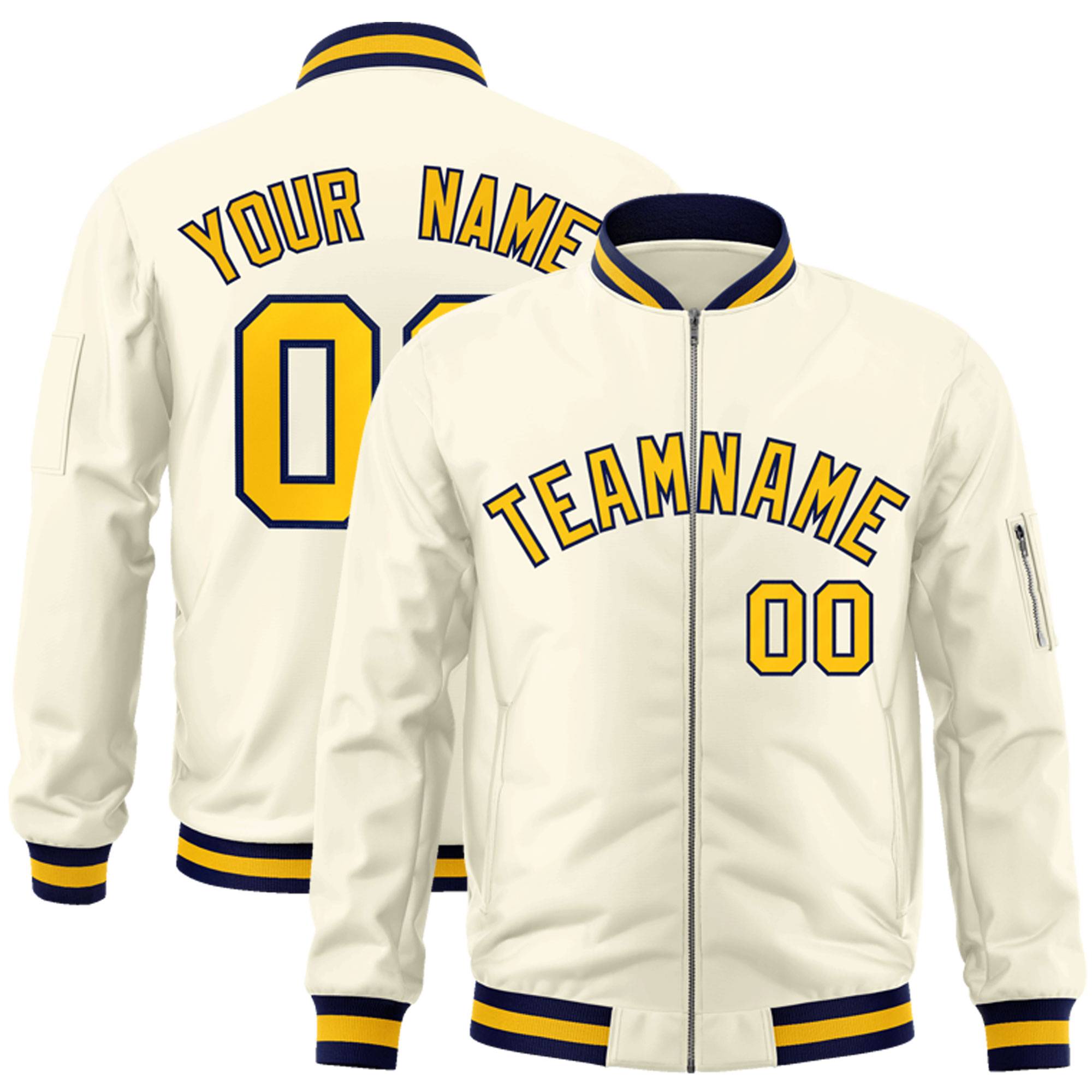 Custom Cream Yellow-Navy Varsity Full-Zip Letterman Bomber Jacket