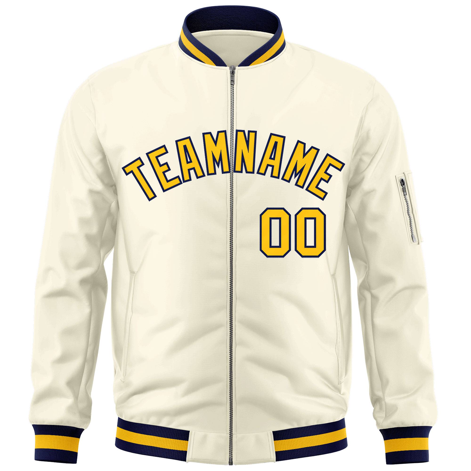 Custom Cream Yellow-Navy Varsity Full-Zip Letterman Bomber Jacket