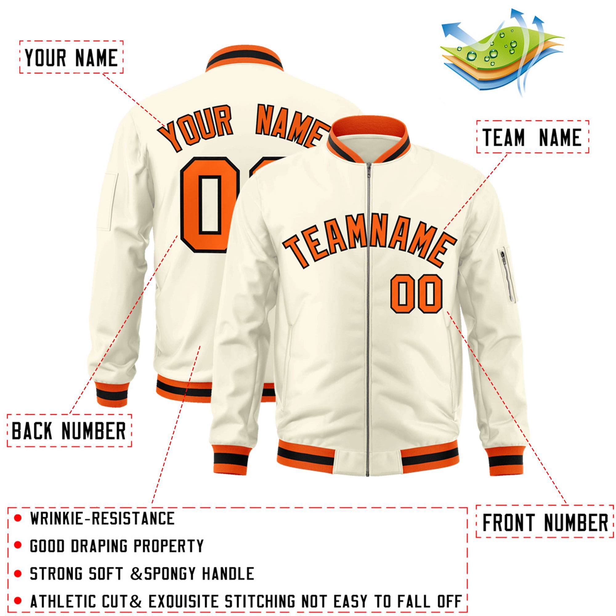 Custom Cream Orange-Black Varsity Full-Zip Letterman Bomber Jacket