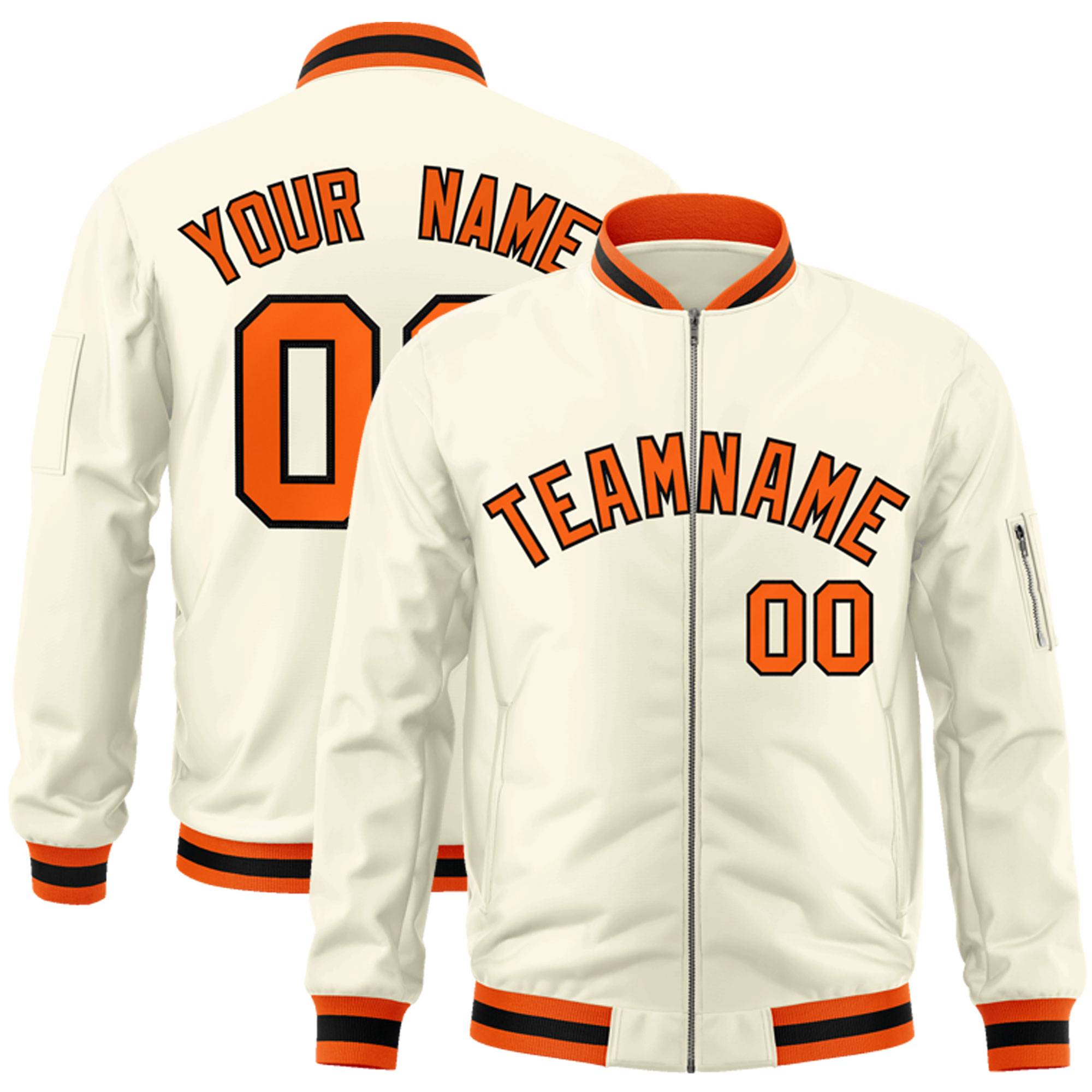 Custom Cream Orange-Black Varsity Full-Zip Letterman Bomber Jacket