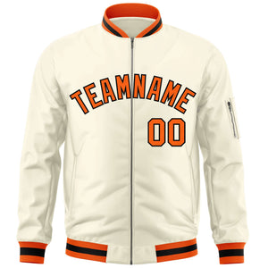 Custom Cream Orange-Black Varsity Full-Zip Letterman Bomber Jacket